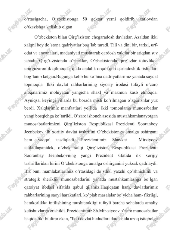 i, o’zbek va qirg’iz xalqlari anoana-lari, madaniyati va qadriyatlari mushtarakligini amalda namoyon etdi. mazkur yosh talantlar festivalida 6 yoshdan 16 yoshgacha bo’lgan yuksak isteodod sohiblari ishtirok etdi. o’zbekiston delegatsiyasi botken viloyatining qadamjoy shahrida viloyat rahbarlari, madaniyat xodimlari, keng jamoatchilik vakillari, o’quv-chi yoshlar tomonidan non-tuz, turfa gullar hamda qirg’iz folpklor guruhining milliy qo’shiqlari bilan kutib olindi. xuddi shunday tantanali kutib olish marosimi botken shahrida ham bo’lib o’tdi. o’zbekistonlik mehmonlarni qirg’iziston respublikasi hukumatining botken viloyati bo’yicha muxtor vakili a.xalmurzaev, botken shahar meri m.rahimov, festival direktori, shahar madaniyat bo’limi rahbari r.badalov hamda yunisef vakillari, madaniyat va san’at namoyandalari, maktab o’quvchilari va maktabgacha ta’lim muassasalari tarbiyalanuvchilari xush tavoze, samimiy takalluflar bilan kutib olishdi.diydorlashuv onlarida qardosh xalqlar o’rtasidagi ko’p asrlik do’stlik va yaxshi qo’shnichilik rishtalarining qayta tiklangani hamda barcha sohalarda o’zaro hamkorlikning yo’lga qo’yilgani har ikki davlat fuqarolari uchun ham manfaatli ekanligi qayta-qayta tilga olindi. ta’kidlandiki, xalqlarimiz o’rtasidagi milliy munosabatlarda azaliy do’stona mehr-oqibat, o’zaro xayrixohlik, …