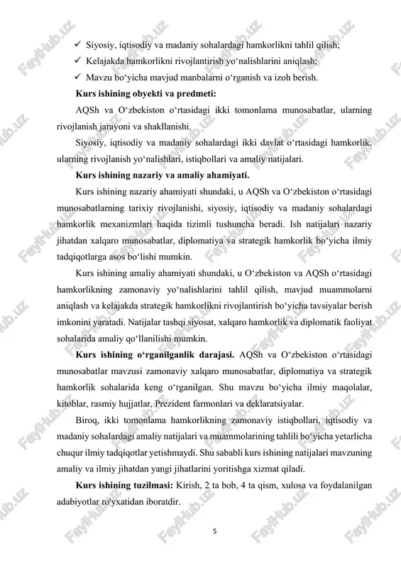hdi. bu voqea ikki mamlakat o‘rtasidagi diplomatik va siyosiy hamkorlikning boshlanishi sifatida tarixda muhim ahamiyatga ega. shu davrda ikki tomonlama aloqalar asosan siyosiy, iqtisodiy va madaniy yo‘nalishlarda shakllana boshladi. siyosiy sohada aqsh tomonidan oʻzbekistonning mustaqil siyosiy institutlarini rivojlantirishga yordam berildi, jumladan demokratik islohotlarni amalga oshirish, qonunchilik bazasini mustahkamlash va davlat boshqaruv tizimini takomillashtirish borasida maslahatlar berildi. 3 o‘zbekiston respublikasi prezidenti shavkat mirziyoyevning “madaniyat, ta’lim va ilm-fan sohasini rivojlantirish” farmoni, 2019 yil. 7 iqtisodiy sohada hamkorlikning boshlanishi shuningdek muhim ahamiyatga ega edi. aqsh oʻzbekistonning energetika, transport, qishloq xo‘jaligi va sanoat sohalariga investitsiyalar kiritdi. shu bilan birga, xalqaro moliya institutlari orqali ko‘mak ko‘rsatilib, mamlakat iqtisodiyotining modernizatsiya jarayonini qo‘llab- quvvatlash yo‘lga qo‘yildi. bu yordam nafaqat iqtisodiy rivojlanish, balki mintaqaviy barqarorlikni ta’minlashga ham xizmat qildi. xavfsizlik sohasida ham mustaqillik davri o‘ziga xos ahamiyatga ega. aqsh va oʻzbekiston mintaqaviy xavfsizlikni ta’minlash, terrorizm va ekstremizmga qarshi kurashish hamda chegaralarni nazorat qilish bo‘yicha hamkorlikni yo‘lga qo‘ydi. ayniqsa, …