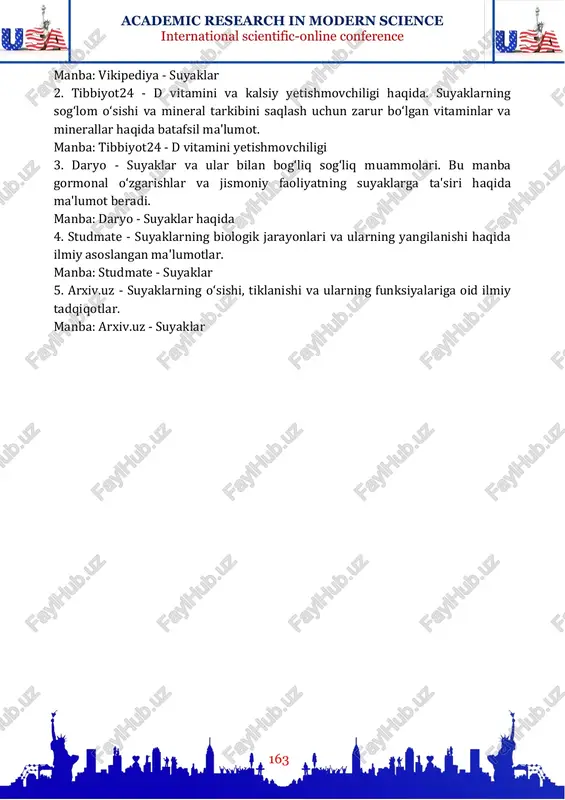 i bo‘lsangiz, muvozanatli ovqatlanish, doimiy jismoniy mashqlar va zarur hollarda tibbiy ko‘rikdan o‘tishni tavsiya etamiz xulosa: suyaklar tananing asosiy tayanchi bo‘lib, ularning tuzilishi va funksiyasi hayotimizda muhim ahamiyatga ega. suyaklar o‘zining mineral tarkibi va organik moddalari orqali mustahkam va elastik bo‘lib, harakatda ishtirok etish, ichki organlarni himoya qilish, va minerallarni saqlash vazifalarini bajaradi. osteoblastlar va osteoklastlar orqali suyaklar doimiy ravishda yangilanadi, bu suyaklarning o‘sishi va tiklanishida muhim rol o‘ynaydi. suyaklarning turli turlari – uzun, kalta, yassi, g‘ovak va aralash – har birining o‘ziga xos funksiyalari va tuzilishi bor. d vitamini va kalsiy yetishmovchiligi, gormonal o‘zgarishlar va noto‘g‘ri ovqatlanish suyaklarning sog‘lomligini buzadi va mo‘rtlashishga olib kelishi mumkin. shu sababli, suyaklarni saqlash uchun to‘g‘ri ovqatlanish, jismoniy faollik va zarur vitaminlar bilan ta'minlash muhimdir. suyaklar haqida yanada chuqurroq o‘rganish, ularning muhim funksiyalarini anglash va sog‘lom turmush tarzini qo‘llab-quvvatlash, umuman organizmning yaxlit sog‘lig‘ini ta'minlashga yordam beradi. foydalanilgan adabiyotlar: 1. vikipediya - "suyaklar" bo‘limi. bu …
