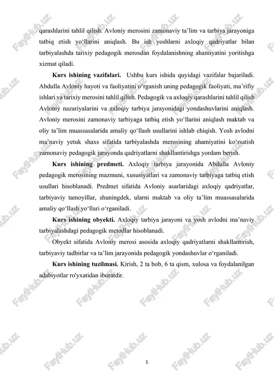 rishga undagan. uning pedagogik faoliyati davomida bir nechta maktablar ochilgan va yangi uslubdagi o‘quv dasturlari ishlab chiqilgan. avloniy shuningdek, jurnalistik va adabiy faoliyat bilan ham shug‘ullangan. u gazeta va jurnallarda maqolalar chop etib, yoshlarni ma’rifatli bo‘lishga, milliy qadriyatlarni hurmat qilishga chaqirgan. uning asarlarida ilm va axloqiy tarbiya bir-biri bilan chambarchas bog‘langan bo‘lib, har bir shaxsning shaxsiy va ijtimoiy rivojlanishi ta’lim jarayoni orqali amalga oshirilishi ta’kidlangan. avloniy ijodida shuningdek, “turkiy guliston yoxud axloq” kabi asarlar muhim o‘rin tutadi. ushbu asarda u o‘quvchilarga axloqiy qadriyatlarni singdirish, yomon xulqdan saqlanish va yaxshi odatlarni rivojlantirish bo‘yicha yo‘l-yo‘riqlar bergan. shu bilan birga, avloniy pedagogik faoliyati nafaqat maktab va ta’lim muassasalarida, balki jamiyat va oilada ham axloqiy tarbiyani rivojlantirishga xizmat qilgan. uning pedagogik va ma’rifiy merosi bugungi kunda ham yoshlarni ma’naviy yetuk shaxs sifatida tarbiyalashda dolzarb ahamiyatga ega. ilmiy faoliyati va ta’limi. avloniy bolaligida o‘qchi mahallasidagi eski maktabda savod chiqardi. 12 yoshidan boshlab madrasada tahsil oldi. …