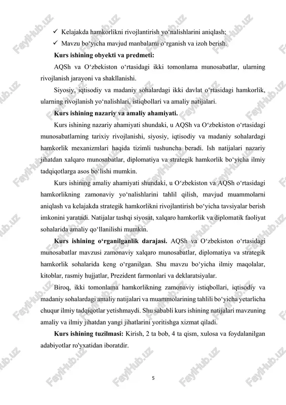 o‘zbekiston respublikasi prezidenti shavkat mirziyoyevning “madaniyat, ta’lim va ilm-fan sohasini rivojlantirish” farmoni, 2019 yil. ] 1992-yilda aqsh oʻzbekistonda elchixonani ochdi. bu voqea ikki mamlakat o‘rtasidagi diplomatik va siyosiy hamkorlikning boshlanishi sifatida tarixda muhim ahamiyatga ega. shu davrda ikki tomonlama aloqalar asosan siyosiy, iqtisodiy va madaniy yo‘nalishlarda shakllana boshladi. siyosiy sohada aqsh tomonidan oʻzbekistonning mustaqil siyosiy institutlarini rivojlantirishga yordam berildi, jumladan demokratik islohotlarni amalga oshirish, qonunchilik bazasini mustahkamlash va davlat boshqaruv tizimini takomillashtirish borasida maslahatlar berildi. iqtisodiy sohada hamkorlikning boshlanishi shuningdek muhim ahamiyatga ega edi. aqsh oʻzbekistonning energetika, transport, qishloq xo‘jaligi va sanoat sohalariga investitsiyalar kiritdi. shu bilan birga, xalqaro moliya institutlari orqali ko‘mak ko‘rsatilib, mamlakat iqtisodiyotining modernizatsiya jarayonini qo‘llab-quvvatlash yo‘lga qo‘yildi. bu yordam nafaqat iqtisodiy rivojlanish, balki mintaqaviy barqarorlikni ta’minlashga ham xizmat qildi. xavfsizlik sohasida ham mustaqillik davri o‘ziga xos ahamiyatga ega. aqsh va oʻzbekiston mintaqaviy xavfsizlikni ta’minlash, terrorizm va ekstremizmga qarshi kurashish hamda chegaralarni nazorat qilish bo‘yicha hamkorlikni yo‘lga …