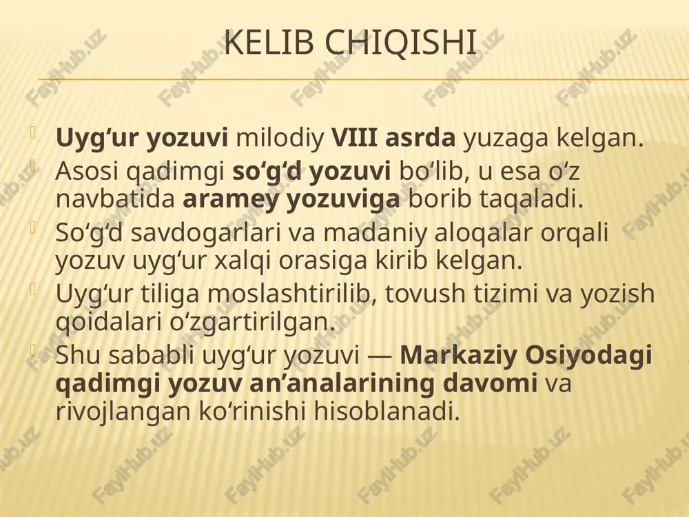 ‘ur yozuvi asta-sekin chekinib bordi.shunga qaramay, uyg‘ur yozuvi uzoq vaqt huquqiy va savdo hujjatlarida qo‘llanib turgan.arab yozuviga o‘tish turkiy xalqlarning til va madaniyat tarixida yangi davrni boshlab bergan. qo‘lyozma merosi qadimiy uyg‘ur yozuvida yozilgan ko‘plab qo‘lyozmalar va hujjatlar bizgacha yetib kelgan. asosiy topilmalar: turfan (xitoyning shinjon hududi) – diniy va huquqiy matnlar. dunxuan – buddaviylik va manixeylik asarlari. qocho va bezeklik – madaniy va san’atga oid matnlar. qo‘lyozmalar orasida: savdo bitimlari va soliq hujjatlari buddaviylik sutralari va diniy izohlar tibbiyot, astronomiya va ta’limga oid matnlar bu manbalar hozir muzeylar, arxivlar va ilmiy markazlarda saqlanib, o‘rganilmoqda. zamonaviy tadqiqotlar uyg‘ur yozuvi bo‘yicha ilmiy tadqiqotlar xix–xx asrlarda kuchaydi. nemis, rus, xitoy va turkiyshunos olimlar turfan va dunxuan qo‘lyozmalarini o‘rgandilar. o‘zbekiston, qozog‘iston va turkiyada ham uyg‘ur yozuvi bo‘yicha ilmiy izlanishlar olib borilmoqda. tadqiqotlar asosan: grafik tizim va imlo masalalari tarixiy yodgorliklar tahlili til taraqqiyoti va adabiy an’analarga ta’siri bugungi kunda uyg‘ur yozuvi raqamlashtirilmoqda va …