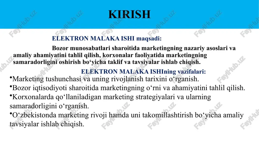 ratib, mavjud mijozlarga taklif etish. 4. diversifikatsiya strategiyasi yangi mahsulot va yangi bozorlarni bir vaqtning o‘zida o‘zlashtirish. 🔹 boshqa keng tarqalgan strategiyalar: narx bo‘yicha yetakchilik strategiyasi – eng arzon taklif orqali bozor ulushini oshirish. differensiyalash strategiyasi – mahsulotni noyob xususiyatlari bilan raqobatchilardan ajratib ko‘rsatish. brendni kuchaytirish strategiyasi – imidj va sodiqlikni oshirish. innovatsion strategiya – yangi texnologiyalar va kreativ marketing orqali bozorda ustunlikka erishish. marketing strategiyalari va ularning turlari 🔹 bozorni tadqiq qilishning mohiyati bozorni tadqiq qilish — bu talab, taklif, raqobat muhiti va iste’molchilarning xatti-harakatlarini o‘rganib, marketing qarorlarini asoslash jarayoni. 🔹 bozor tadqiqotining asosiy bosqichlari: muammoni aniqlash va maqsad qo‘yish – tadqiqotdan nimani bilish kerakligini belgilash. ma’lumot yig‘ish – birlamchi (so‘rovnoma, intervyu, kuzatuv) va ikkilamchi (hisobotlar, statistika) manbalar orqali. olingan ma’lumotlarni tahlil qilish – iste’molchi ehtiyojlari, raqobat darajasi va bozor tendensiyalarini aniqlash. natijalarni talqin qilish va qaror qabul qilish – marketing strategiyasini shakllantirish. 🔹 iste’molchilar ehtiyojini o‘rganish: talab va …