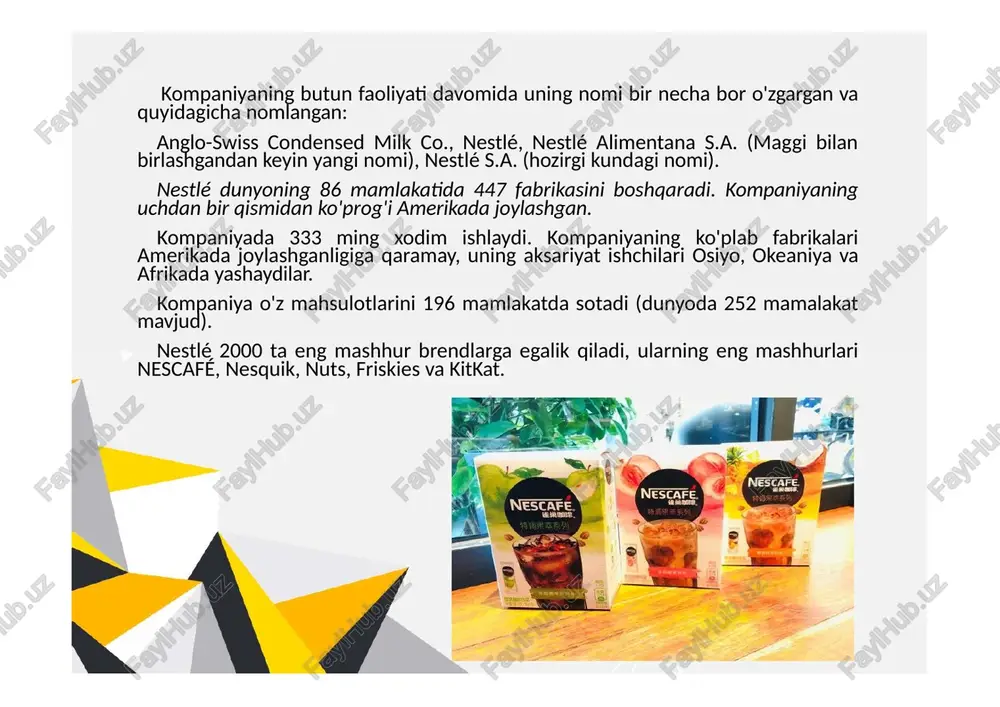 tlé® sutim ™ tabiiy suti ishlab chiqarish yo'lga qo'yildi. 2011 yilda nestle uzbekistan kompaniyasi toshkent shahrida ichimlik suvi ishlab chiqaradigan zavodni ishga tushirdi. toshkent shahridagi zavodda ishlab chiqariladigan mahsulotlar qatoriga gazsiz 5 litr va 18,9 litr ichimlik suvi kiradi. xuddi shu yili nestle uzbekistan kompaniyasi toshkentdagi uylar va ofislarga suv yetqazib berishni yo'lga qo'ydi. 2013 yilda qo'shimcha sut ishlab chiqarish liniyasi ishga tushirildi, shu sababli kompaniya iste'molchilarga yana bir nechta sut mahsulotlarini taqdim etdi: nestlé® sutim ™ 1%, 2%, 3,2% va 6% yog ', nestlé® saryog'i va mutlaqo noyob mahsulot o'zbekiston bozori uchun, nesquik® shokoladli sut do'koni. 2017 yilda o'zbekiston bozorida namangandagi zavodda yangi mahsulot - nescafé® milkshake ikki turi sotila boshlandi. bugungi kunda nestle uzbekistan - o'zbekistonda 22 turdan ortiq mahsulot turlarini ishlab chiqaradi. bu: nestlé pure life® ichimlik suvi – 0.5; 1; 1.5; 5 va 18,9 litr; nestlé® sutim ™ sterilizatsiya qilingan sut (1%, 2%, 3,2%, 6% yog …