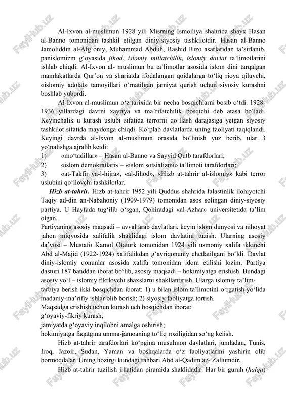 qarshi jihod olib borishga fatvo berdilar. axloqiy masalalarda nazariy jihatdan, garchi shaxsiy kamtarlik, mol-mulkka hirs qo‘ymaslik, dunyoviy hayotda toat-ibodatga aksariyat vaqtni sarflashni targ‘ib qilsalar- da, lekin amalda saroy ahlining bosqinchilik urushlari qo‘shni qabilalar mol-mulklarini talash oqibatida gap bilan amal o‘rtasida ziddiyat paydo bo‘ldi. vahhobiylik harakatlari usmoniylar imperiyasi (1453-1924) hududlarida vujudga kelganligi va imperiya bilan bu harakat o‘rtasida bir necha qonli to‘qnashuvlar yuz berganligi tufayli bu oqimda turk islomiga qarshi bo‘lgan kuchli kayfiyat o‘z aksini topdi. imperiyaning markaziy hududlarida hanafiylik mazhabi mutlaq hukmron mavqega ega bo‘lganligi uchun mazkur maktab qoidalari qattiq tanqid qilindi. shuningdek, vahhobiylik harakati mafkurasining markazida avvaliga arabiston yerlarini birlashtirish orqali, keyinchalik butun islom dunyosida islom davlatini shakllantirish g‘oyasi ham mavjud edi. ular bu maqsad yo‘lida har qanday qurbonliklarga tayyor edilar. vahhobiylarning chet ellarda ko‘plab tashkilotlari bo‘lib, ular faol harakat yuritadi. ularning ko‘pchiligi yashirin siyosiy faoliyat olib boradi. ish uslublari – diniy hissiyotlari kuchli bo‘lgan fuqarolarni jamiyatlarga tortib, ularni …