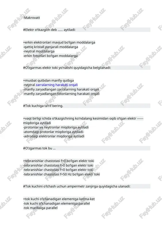 hastotasi 50 hz bo‘lsa, uning davri qanchaga teng bo‘ladi. +0,02 sek -0,002 sek -0,2 sek -2 sek #sinusoidal tokning chastotasi 100 hz bo‘lsa, uning davri qanchaga teng bo‘ladi. +0,01 sek -0,002 sek -0,2 sek -2 sek #o‘tkazgichning qarshiligi 10 om, undagi tok kuchi 5 a bo‘lsa, u erdagi kuchlanish kanchaga teng? +50v -32v -73v -91v #rezonans paytda, ketma-ket ulangan tebranish konurining qutblaridagi kuchlanish miqdori u=100 v, qarshilik miqdori r=100 om, l=10 mgn va c=10 mkf bo‘lsa, u yerdagi tok miqdori qanchaga teng? +1a -2a -2,5a -0,5a #rezonans paytda, ketma-ket ulangan tebranish konurining qutblaridagi kuchlanish miqdori u=10 v, qarshilik miqdori r=5 om, l=10 mgn va c=10 mkf bo‘lsa, u yerdagi tok miqdori qanchaga teng? +2a -2,6a -3,6a -7,9a #o‘tkazgichning qarshiligi 100 om, undagi tok kuchi 6 ma bo‘lsa, u erdagi kuchlanish kanchaga teng? +0,6v -50v -5v -30v