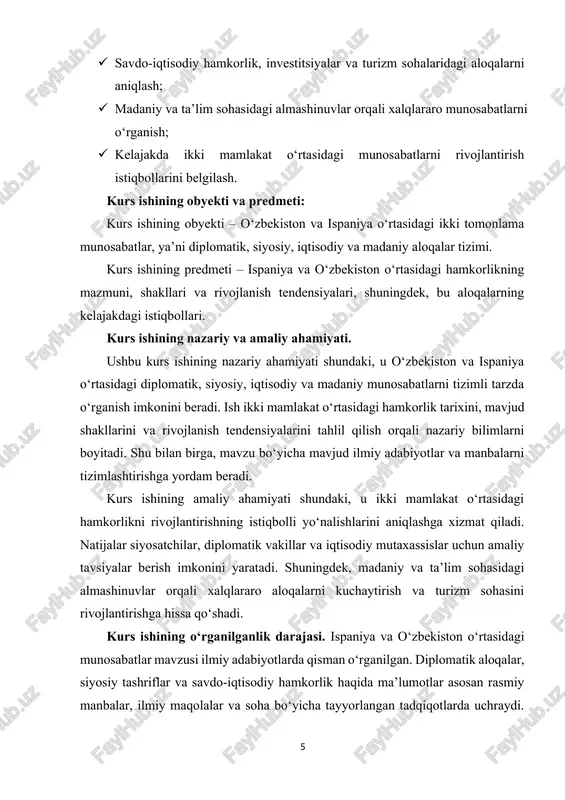 agan. 1991-yilda o‘zbekiston mustaqillikka erishgach, mamlakatning tashqi siyosati faol rivojlanib, yangi diplomatik yo‘nalishlar ochildi. shu jumladan, ispaniya bilan diplomatik aloqalar o‘rnatish mamlakat tashqi siyosatining ustuvor vazifalaridan biri bo‘ldi. 1992-yil 17-martda o‘zbekiston va ispaniya o‘rtasida rasmiy diplomatik munosabatlar yo‘lga qo‘yildi. bu voqea ikki mamlakat o‘rtasidagi siyosiy va iqtisodiy hamkorlikning yangi bosqichini boshladi. tarixiy asoslar nafaqat diplomatik aloqalarda, balki iqtisodiy va madaniy sohalardagi hamkorlikning poydevorini ham tashkil qiladi. shu davrdan boshlab, ikki mamlakat bir-birining mustaqilligini tan olgan va bir qator hujjatlar hamda kelishuvlar imzolangan. shuningdek, ikki mamlakatning tarixiy tajribasi va madaniy merosi bir-birini o‘rganish va hamkorlikni rivojlantirish uchun asos bo‘lib xizmat qiladi. shunday qilib, tarixiy asoslar o‘zbekiston va ispaniya munosabatlarining barqaror rivojlanishida muhim ahamiyat kasb etadi. ular ikki mamlakat o‘rtasidagi siyosiy, iqtisodiy, madaniy va ta’lim sohalaridagi hamkorlikning kelajakdagi istiqbollarini belgilashda ham poydevor vazifasini bajaradi. o‘zbekiston va ispaniya o‘rtasidagi munosabatlar mustaqil o‘zbekiston davrida, 1992-yilda diplomatik aloqalar o‘rnatilganidan boshlangan. 1992-yil 17-martda rasmiy diplomatik aloqalar …