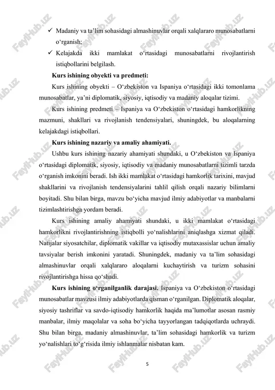 a erishgach, mamlakatning tashqi siyosati faol rivojlanib, yangi diplomatik yo‘nalishlar ochildi. shu jumladan, ispaniya bilan diplomatik aloqalar o‘rnatish mamlakat tashqi siyosatining ustuvor vazifalaridan biri bo‘ldi. 1992-yil 17-martda o‘zbekiston va ispaniya o‘rtasida rasmiy diplomatik munosabatlar yo‘lga qo‘yildi. bu voqea ikki mamlakat o‘rtasidagi siyosiy va iqtisodiy hamkorlikning yangi bosqichini boshladi. 8 tarixiy asoslar nafaqat diplomatik aloqalarda, balki iqtisodiy va madaniy sohalardagi hamkorlikning poydevorini ham tashkil qiladi. shu davrdan boshlab, ikki mamlakat bir-birining mustaqilligini tan olgan va bir qator hujjatlar hamda kelishuvlar imzolangan. shuningdek, ikki mamlakatning tarixiy tajribasi va madaniy merosi bir-birini o‘rganish va hamkorlikni rivojlantirish uchun asos bo‘lib xizmat qiladi. shunday qilib, tarixiy asoslar o‘zbekiston va ispaniya munosabatlarining barqaror rivojlanishida muhim ahamiyat kasb etadi. ular ikki mamlakat o‘rtasidagi siyosiy, iqtisodiy, madaniy va ta’lim sohalaridagi hamkorlikning kelajakdagi istiqbollarini belgilashda ham poydevor vazifasini bajaradi. o‘zbekiston va ispaniya o‘rtasidagi munosabatlar mustaqil o‘zbekiston davrida, 1992-yilda diplomatik aloqalar o‘rnatilganidan boshlangan. 1992-yil 17- martda rasmiy diplomatik aloqalar yo‘lga …