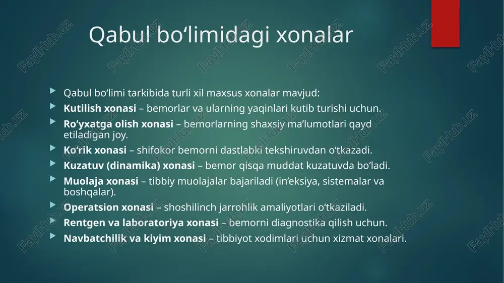 hanoq suyaklari singanda bemor ―qurbaqa‖ o‘tirishida o‘tiradi – orqaga o‘tirgan, tizza bukilgan va kengaytirilgan, tizza ostiga yostiqcha qo‘yiladi (yostiq yoki taxlangan odeal) oyoq yoki qo‘llardan qon ketayotganda, jgut va transport immobilizatsiyasi qo‘yilgandan keyin jaroxatlangan qo‘l yoki oyoqqa yuqoriga ko‘tarilgan xolat beriladi va shu xolatda transportirovka qilinadi. 8. ko‘krak qafasi shikastlanganda bemorni yarim o‘tirgan xolatda tizzasi ostiga odeal qo‘ygan xolda transportirovka qilinadi. 9. qorin shikastlanganda va ichki qon ketishlarda qorin oldingi devorlari mushaklari bo‘shashishi uchun bemor orqasiga yotqiziladi, oyoqlari ostiga odeal qo‘yiladi, ko‘p qon yo‘qotilganda esa bosh xam tushiriladi 268 10. kuygan bemorlarni kuymagan tana qismi bilan yotqizishga xarakat qilinadi. kuygan soxa steril marli yoki choyshab bilan yopib qo‘yiladi. 11. xushsiz bemorlar qorniga yotqizilgan peshona va ko‘krak ostiga yostiq qo‘yilgan xolatda yoki qusganda aspiratsiyaning oldini olish maqsadida yonboshga yotqizilgan xolatda transportirovka qilinadi. xulosa qabul bo‘limi – shifoxonaning eng muhim bo‘limi bo‘lib, bemorlarni dastlabki qabul qilish, tekshirish va joylashtirish jarayonlari shu yerda …
