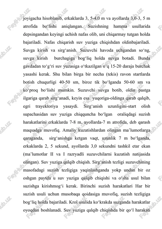 bilan dastakning ustidan ushlaydi va oyoqlarini tizza, son bo‘g‘imlaridan kuchli bukib, g‘ujanak holatini oladi (ayrim suzuvchilar qo‘llari bilan gavdani dastaga tortadi). tizzalar ko‘l orasida yoki yoniga yozilgan holatda, bosh ko‘krakka egiladi depsinish. start beruvchining komandasidan keyin suzuvchi dastlabki holatdan depsinib, dastakdagi qo‘llarni orqaga tashlaydi va nafas oladi. shu bilan birga qo‘llar to‘g‘ri holida yuqoriga-orqaga siltanib (yoki yondan) bosh oldida uzatilgan holatni oladi. suzuvchi shu bilan bir paytda, chanoq-son, tizza va boldir panja bo‘g‘imlarini yozadi va oyoqlari bilan devordan depsinadi. depsinish tugagan paytda oyoqlar birlashgan, qo‘llar to‘g‘rilanib bosh uzra uzatilgan, qo‘llar orasida bo‘ladi. suzuvchining uchish uzunligi va snrg‘anish tezligi ko‘proq depsinish kuchiga va uning yo‘nalnshiga bog‘liq bo‘ladi. uchish. suzuvchining taxminan 15-20 darajaga teng burchak bilan startga chiqishi eng maqsadga muvofiq chiqish formasi hisoblanadi. suzuvchi depsinishdan so‘ng havolab boradi. suzuvchi havolash paytida suvga botguncha cho‘zilgan holatni saqlashi kerak. suvga oldin oyoq, keyin gavda va qo‘llar botsa, bunday start eng maqbul start olishdir. …