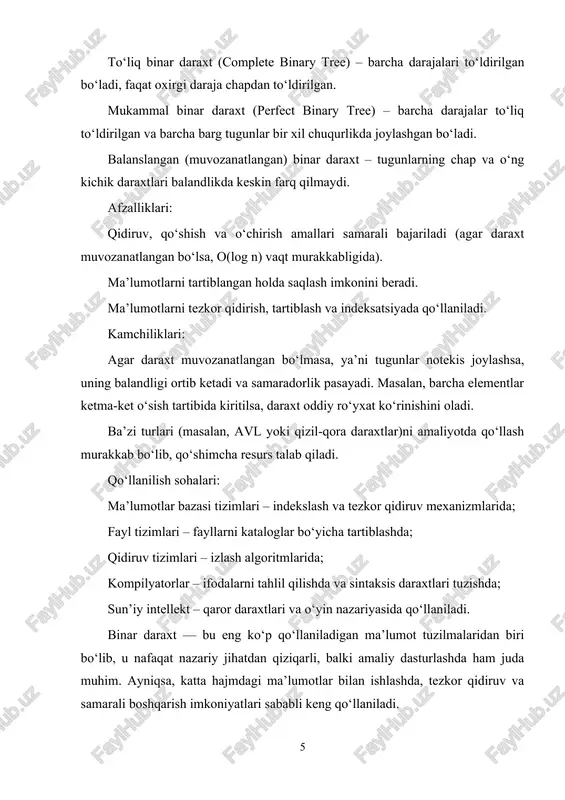 ib, ko‘pincha disk tizimlari va ma’lumotlar bazasida qo‘llaniladi. amaliy misol: agar oddiy binar daraxtga elementlar 1, 2, 3, 4, 5 tartibida kiritilsa, daraxt bir taraflama cho‘zilib ketadi. natijada qidiruv 5 marta taqqoslashni talab qiladi. ammo muvozanatlangan daraxtda elementlar qayta tashkil qilinadi va balandligi qisqaradi. shunda qidiruv maksimal 3 ta taqqoslash bilan amalga oshadi. muvozanatlangan binar daraxtlar — bu ma’lumotlarni samarali saqlash va ulardan tezkor foydalanishni ta’minlaydigan zamonaviy ma’lumot tuzilmasidir. ular oddiy binar daraxtlardagi asosiy muammo — balandlikning ortib ketishini bartaraf etadi va algoritmik samaradorlikni yuqori darajada ushlab turadi. shu bois ular dasturlash amaliyotida eng ko‘p ishlatiladigan strukturalardan biridir. 3. muvozanatlangan binar daraxtlarning asosiy turlari muvozanatlangan binar daraxtlar — bu ma’lumotlarni samarali saqlash va ularga tezkor kirishni ta’minlash uchun ishlab chiqilgan ma’lumot tuzilmalari hisoblanadi. oddiy binar daraxtlarda tugunlar tartibga solinmagan bo‘lsa yoki ketma-ket joylashtirilsa, daraxt “cho‘zilib” ketadi va uning balandligi ortib ketadi. natijada qidiruv, qo‘shish va o‘chirish amallari sekinlashadi. muvozanatlangan daraxtlarning …