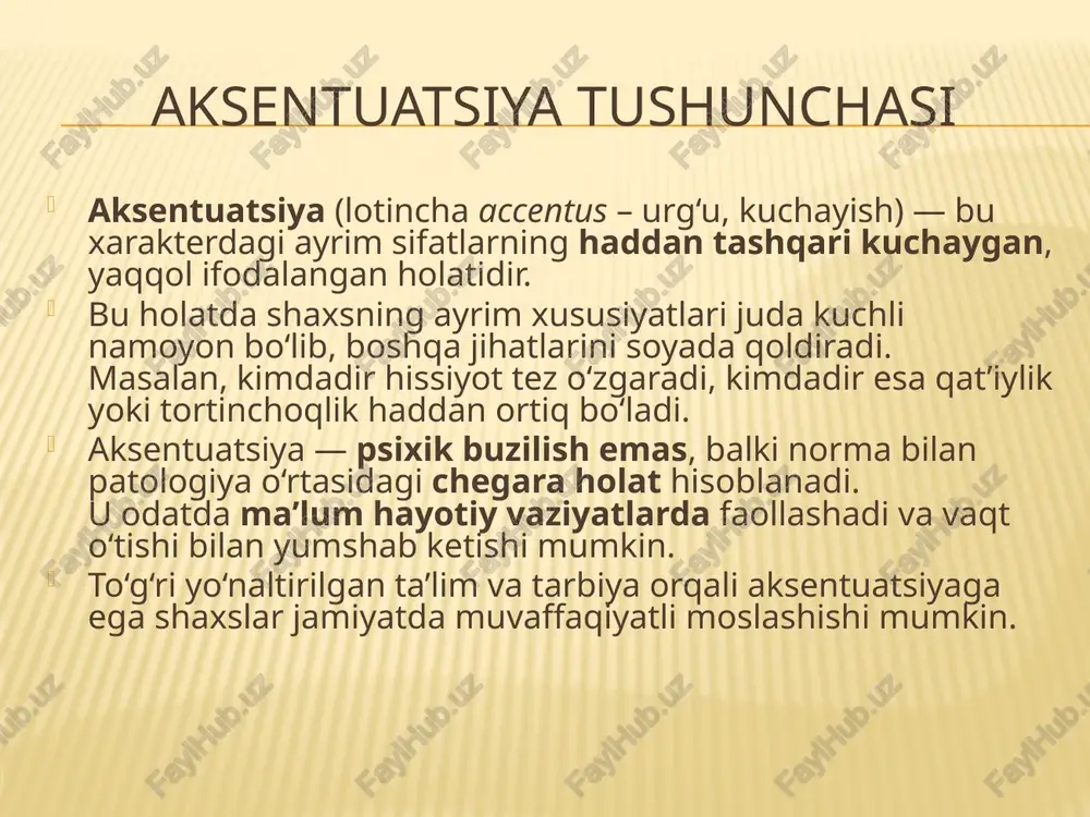 rni yumshatish. treninglar – muloqot, stressni boshqarish, hissiyotlarni nazorat qilish. maslahat berish – shaxs, ota-ona yoki pedagoglar bilan ishlash, psixologik tavsiyalar berish. pedagogik yondashuv – har bir shaxsning psixologik turini hisobga olgan holda individual yondashuv. ijobiy motivatsiya – shaxsni rag‘batlantirish, kuchli xususiyatlarni ijobiy ishlatishga yo‘naltirish. bu usullar birgalikda qo‘llanganda aksentuatsiyani me’yorlashtirish va ijtimoiy moslashuvni yaxshilashda samarali bo‘ladi. pedagogik yondashuv xarakter aksentuatsiyasi bilan ishlashda pedagogik yondashuv juda muhimdir. asosiy tamoyillar: shaxsni tanqid qilmaslik – o‘quvchi yoki shaxsning xulq-atvorini salbiy tarzda qoralash emas, balki tushunish va qo‘llab-quvvatlash. individual yondashuv – har bir insonning psixologik turini hisobga olgan holda tarbiya va maslahat berish. ijobiy rag‘batlantirish – kuchli tomonlarni e’tirof etish va ijobiy yo‘nalishga yo‘naltirish. tarbiya va nazoratni uyg‘unlashtirish – me’yoriy chegaralarni belgilash, lekin shaxsni cheklamaslik. muloqot va tushuntirish – aksentuatsiya turlarini tushuntirib, shaxsni o‘zini anglashga yordam berish. ushbu yondashuv yordamida aksentuatsiyaga ega shaxslar ijtimoiy muhitga muvaffaqiyatli moslashadi va o‘z salohiyatini samarali ishlatadi. psixologik …