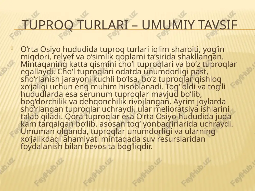 nlaridan biri — jayron, u tez yugurishi bilan ajralib turadi. cho‘llarda shuningdek, qumsichqon, qum mushugi, qum sichqoni kabi kemiruvchilar keng tarqalgan. sudralib yuruvchilardan kaltakesak, ilon va cho‘l toshbaqalari uchraydi. cho‘lda yirtqich qushlar — burgut, lochin, qum qarg‘asi kabi qushlar ham yashaydi. bu hayvonlar cho‘l ekotizimida muhim o‘rin tutadi va tabiat muvozanatini saqlashda katta ahamiyatga ega. tog‘ hayvonlari o‘rta osiyo tog‘lari hayvonot dunyosi bilan boy va rang-barangdir. tog‘larda balandlikka qarab turli xil jonivorlar yashaydi. past va o‘rta balandliklarda bo‘ri, tulki, quyon, qirg‘iy kabi hayvonlar uchraydi. yuqori tog‘li hududlarda esa noyob yirtqichlardan — qoplon, qo‘ng‘ir ayiq, suvoriy tulki yashaydi. tog‘larning qoyali qismlarida tog‘ echkisi, arg‘ali va boshqa yovvoyi tuyoqlilar tarqalgan. shuningdek, tog‘larda burgut, lochin, qirg‘iy kabi yirtqich qushlar ham uchraydi. bu hayvonlar tog‘ ekotizimining ajralmas qismi bo‘lib, tabiatda biologik muvozanatni saqlashda muhim ahamiyat kasb etadi. muhofaza qilinadigan tabiat boyliklari o‘rta osiyo tabiati o‘zining noyob tuproqlari, o‘simlik va hayvonot dunyosi bilan katta boylik …
