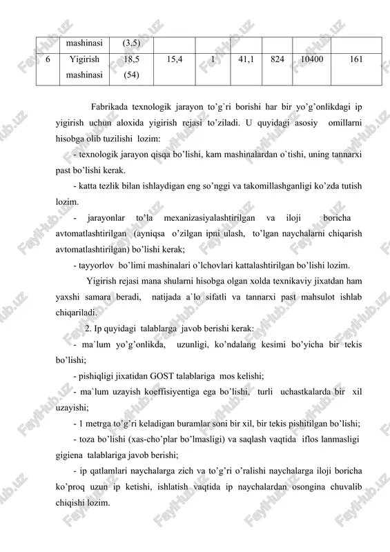 kerak, chunki to’qish jarayonida halqa hosil bo’lish paytida iplar ko’pincha tarang holda emas, balki bo’sh holda bo’ladi, agar ip ko’p pishitilgan bo’lsa, halqalar chigal chiqishi mumkin. agar ip bir tekis bo’lmasa iflos bo’lsa chigal halqalar hosil qilsa, to’qish paytida ko’p o’ziladi va ignalarning sinishiga sabab bo’ladi. g`altak ip (pishitilgan ip olishi uchun yakka iplar bir tekis bo’lishi kerak, aks holda ular noto’g’ri buriladi (eshiladi), natijada ip uncha pishiq chiqmaydi, galtak ipning pishiqligi maksimal bo’lishi uchun iplarning soni unchalik bo’lmasligi, ammo iplar uzunligi bo’yicha bir tekis bo’lishi lozim. texnika maqsadlari uchun ishlatiladigan iplar juda pishiq va tekis buramlari soni juda aniq bo’lishi kerak. bu iplar bir necha marta o’zilmasdan, bir oz uzayib o’zilishi lozim. yigirish tizimiga qarab, paxta tolasidan yigirilgan ip: 1. karda tizimida yigirilgan; 2. qayta tarash tizimida yigirilgan; 3. melanj tizimida yigirilgan; 4. apparat tizimida yigirilgan iplarga bo’linadi. iplar yakka va pishitilgan bo’ladi. yakka ip - yigirish mashinasidan olinadigan …
