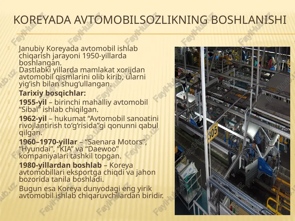 jadagi xavfsizlikni ta’minlaydi. ekologik yondashuv kia kompaniyasi ekologiyani asrash va barqaror rivojlanishga katta e’tibor qaratadi. kompaniya avtomobil ishlab chiqarishda atrof-muhitga salbiy ta’sirni kamaytirishga intilmoqda. asosiy ekologik yo‘nalishlar: elektr va gibrid avtomobillar ishlab chiqarishni kengaytirish. ishlab chiqarish jarayonlarida co₂ chiqindilarini kamaytirish. avtomobil salonlarida qayta ishlangan materiallardan foydalanish. atrof-muhitni muhofaza qilish bo‘yicha xalqaro dasturlarda ishtirok etish. 2030-yilgacha barcha asosiy modellarning elektr versiyalarini yaratish maqsadi. kia ekologik texnologiyalar orqali nafaqat foyda, balki kelajak avlodlar uchun toza muhitni yaratishga ham hissa qo‘shmoqda. kia kompaniyasining iqtisodiy ahamiyati kia kompaniyasi janubiy koreya iqtisodiyotining eng muhim tayanchlaridan biridir. u nafaqat ichki bozorni avtomobillar bilan ta’minlaydi, balki global eksportda ham yetakchi o‘rinni egallaydi. iqtisodiy ahamiyati: har yili 3 milliondan ortiq avtomobil ishlab chiqaradi. 190 dan ortiq mamlakatlarda o‘z dilerlik tarmog‘iga ega. koreya eksportining katta qismini avtomobil va ehtiyot qismlar tashkil etadi. kia brendi mamlakatga milliardlab dollar daromad keltiradi. minglab ish o‘rinlarini yaratadi va texnologik innovatsiyalarni rivojlantiradi. kia’ning muvaffaqiyati …