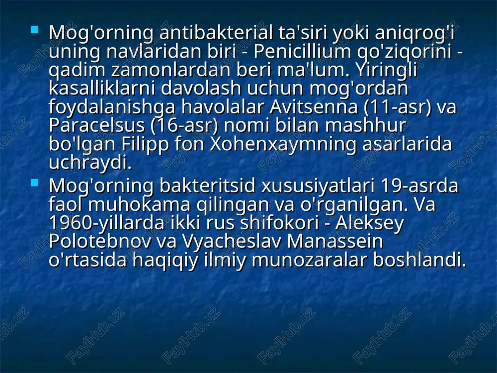 ira boshladi. biroz vaqt o'tgach, u hatto mog'ordan mikroblarga qarshi moddani ajratib olishga muvaffaq bo'ldi. u ishlayotgan mog'or lotincha turdagi penicilium notatum nomiga ega bo'lganligi sababli, u hosil bo'lgan moddani penitsillin deb atagan. shunday qilib, 1929 yilda londondagi sankt-peterburg laboratoriyasida. meri biz yaxshi biladigan penitsillinni tug'di. flemingning yordamchisi, doktor styuart graddok, maksiller sinus deb ataladigan yiringli yallig'lanish bilan kasallangan, birinchi bo'lib penitsillin ukolini olgan. uning bo'shlig'iga oz miqdorda mog'or ekstrakti yuborilgan va uch soat ichida uning sog'lig'i sezilarli darajada yaxshilangani aniq bo'ldi. fleming bakteriyalarga qarshi katta jangda g'alaba qozongani aniq edi. ammo insoniyatning mikroblar bilan urushi hali tugamagan edi: penitsillin ishlab chiqarishning sanoat usullarini ishlab chiqish kerak edi. fleming bu muammo ustida ikki yildan ortiq ishladi, ammo muvaffaqiyatga erisha olmadi. bu penitsillinning mikroblarga qarshi xususiyatlari haqidagi birinchi maqola fleming tomonidan uni amaliy qo'llash bo'yicha tajribalar tugaganidan keyin uch yil o'tgach yozilganligini tushuntiradi. yangi preparatning birinchi in'ektsiyalari 1941 yil 12 fevralda …