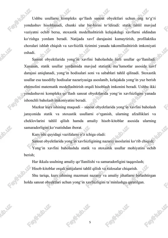 lan bog‘liq bo‘ladi. kimyo sanoati, neft va gazni qayta ishlash, metallurgiya, energetika kabi sohalarda xatar yanada yuqori bo‘lib, kichik bir nosozlikning o‘zi yirik yong‘inlarga sabab bo‘lishi mumkin. shu sababli yong‘in xavfsizligi tushunchasi faqatgina yong‘inni o‘chirish bilan emas, balki uni keltirib chiqaruvchi omillarni bartaraf etish va xavf darajasini kamaytirishga qaratilgan profilaktik faoliyat bilan ham chambarchas bog‘liq. yong‘in xavfsizligi uch asosiy yo‘nalishni o‘z ichiga oladi: profilaktika – yong‘in kelib chiqishiga sabab bo‘luvchi omillarni aniqlash, ularning oldini olish va xavfni kamaytirish choralari. masalan, ishlab chiqarishdagi yonuvchi moddalarni to‘g‘ri saqlash, elektr tarmoqlarini nazorat qilish, jihozlarni muntazam ko‘rikdan o‘tkazish. 7 tezkor aniqlash va javob choralari – yong‘in sodir bo‘lgan taqdirda uni erta bosqichda aniqlash, signalizatsiya va avtomatik o‘t o‘chirish tizimlari yordamida tezkor choralar ko‘rish. xavfni kamaytirish va oqibatlarini bartaraf etish – yong‘in yuz berganidan keyin insonlarni evakuatsiya qilish, moddiy zarar ko‘lamini kamaytirish, ishlab chiqarishni qayta tiklash va xavfsizlik choralarini takomillashtirish. 1-rasm. sanoat obyektlarida yong‘in xavfsizli …