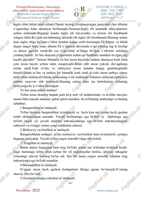o‘shimcha ravishda ijodiy yondashuv, ijtimoiy muhitni sinchiklab o‘rganish taqozo etiladi. aqliy tarbiyaga nisbatan axloqiy tarbiyaning faoliyat qamrovi, oldiga qo‘yilgan vazifalar katta bo‘lib, buning samarali ijrosi uchun maktab imkoniyati torlik qiladi. shunday bo‘lsada, ta’lim muassasasi tarbiya jarayonining tashkilotchisi, muvofiqlashtiruvchisi bo‘lishi maqsadga muvofiq. chunki oilalar bolalarni nafaqat ta’limiy (fikriy), balki axloqiy va jismoniy tarbiyalash borasida turli darajada, hatto farzandiga odob qoidalarini o‘rgatishga qodir bo‘lmagan ota-onalar ham oz emas. oriental renaissance: innovative, educational, natural and social sciences volume 2 | issue 11 issn 2181-1784 scientific journal impact factor sjif 2022: 5.947 advanced sciences index factor asi factor = 1.7 486 w www.oriens.uz november 2022 pedagogik jarayonda axloqiy tarbiyani ham, ta’lim tizimidagidek (davlat ta’lim standartlari singari) uzluksizlik talablaridan kelib chiqib shakllantirish qanchalik katta va murakkab masala bo‘lsa-da, amalga oshirish lozim. albatta, ma’naviy-axloqiy tarbiya tushunchalarini qolipga solib bo‘lmaydi, ammo talablar shaklida hayotdan ajralmagan holda ifodalash mumkin. bu boradagi samarali vositalardan biri, shubhasiz, milliy adabiyot o‘qitishni …