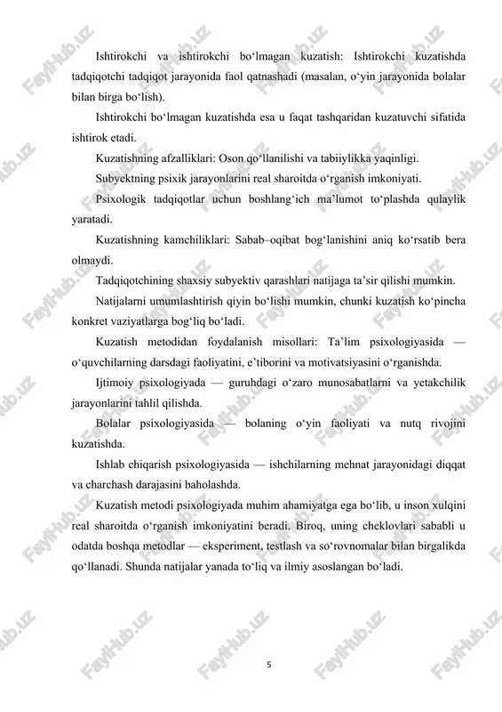 a bilimni o‘zlashtirish samaradorligini tekshirish. ijtimoiy psixologiyada — guruh bosimining shaxs qaroriga ta’sirini aniqlash (mashhur a. ash eksperimenti). kognitiv psixologiyada — xotira hajmini turli sharoitlarda o‘lchash. klinik psixologiyada — davolash usullarining bemor kayfiyatiga ta’sirini o‘rganish. eksperiment psixologiyada eng samarali va ishonchli metodlardan biri hisoblanadi. u nazariy gipotezalarni tekshirish, sabab–oqibat bog‘lanishlarini aniqlash va psixik jarayonlarni chuqur o‘rganish imkonini beradi. shu bois eksperimental metod psixologiya fanining ilmiy asosini tashkil qiladi. 3. o‘lchash va testlash metodlari psixologiyada ko‘plab tushunchalar — xotira, diqqat, stress, motivatsiya, shaxsiy xususiyatlar — bevosita ko‘rib yoki o‘lchab bo‘lmaydigan jarayonlardir. shu sababli ularni operatsionalizatsiya qilish, ya’ni maxsus vositalar yordamida o‘lchash talab etiladi. o‘lchash va testlash metodlari psixologik tadqiqotlarning muhim qismi bo‘lib, ular inson psixikasini aniq ko‘rsatkichlar orqali baholash imkonini beradi. o‘lchash metodining mohiyati: o‘lchash — bu psixologik jarayon yoki xususiyatni miqdoriy yoki sifat jihatdan ifodalash jarayonidir. masalan: diqqatni — reaksiyalar tezligi yoki xatoliklar soni bilan; stressni — puls tezligi, qon …