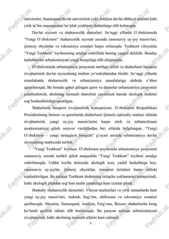 ahar aholisi sonining ortishi, sanoatlashuv va transport vositalarining ko‘payishi shahar ekologiyasi muammolarini yanada dolzarb qilmoqda. shaharlarda ekologik vaziyat qishloqlarga qaraganda ancha murakkab bo‘ladi. sababi, shahar hududida aholining zichligi yuqori, ishlab chiqarish korxonalari va transport vositalari ko‘p, kommunal xizmatlar esa doimiy ishlashda. bularning barchasi ekologik muvozanatni buzadi. masalan, havoning ifloslanishi, chiqindilar to‘planishi, shovqin va elektromagnit to‘lqinlarning ko‘pligi, suv va tuproq sifatining yomonlashuvi shahar ekologiyasiga xos muammolar sirasiga kiradi. o‘zbekistonda ham shahar ekologiyasi masalalari katta ahamiyatga ega. toshkent, samarqand, andijon, farg‘ona, buxoro va navoiy kabi yirik shaharlarda urbanizatsiya jarayoni tez kechayotgani sababli ekologik muammolar ko‘proq kuzatilmoqda. masalan, toshkent shahrida transport vositalaridan chiqayotgan zararli gazlar havoning ifloslanishida asosiy manba bo‘lsa, navoiy va angren kabi sanoat markazlarida korxona chiqindilari ekologik vaziyatni murakkablashtirmoqda. farg‘ona vodiysi shaharlari esa geografik joylashuvi sabab havoning almashinuvi sekin bo‘lib, ifloslanish uzoq vaqt saqlanib qoladi. shahar ekologiyasi nafaqat tabiatni muhofaza qilishga, balki inson salomatligini saqlashga ham qaratilgan. chunki havodagi zararli moddalar, …