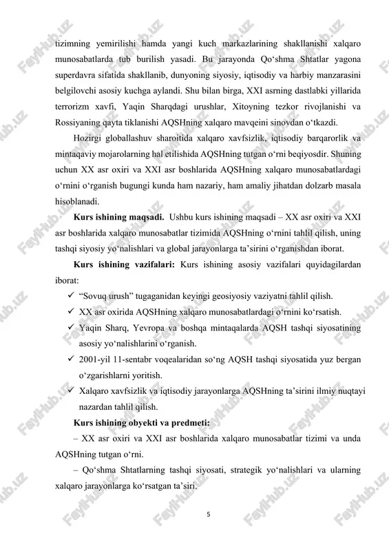 nskiy, h. kissinger, f. fukuyama) asarlarida aqsh tashqi siyosatining nazariy asoslari va amaliy yo‘nalishlari tahlil qilingan. · g‘arbiy olimlardan s. xantington, j. nay, j. stiglits kabi tadqiqotchilar xalqaro munosabatlarda aqshning roli va globallashuv jarayonlariga ta’sirini o‘rgangan. shuningdek, turli ilmiy maqolalar, darsliklar va internet manbalarida aqshning tashqi siyosati va xalqaro munosabatlardagi mavqeiga oid boy ilmiy adabiyotlar mavjud bo‘lib, ular mazkur kurs ishini yozishda asosiy manba sifatida xizmat qildi.[footnoteref:3] [3: o‘zbekiston respublikasi qonunlari va normativ-huquqiy hujjatlar, toshkent, 2020. ] kurs ishining tuzilmasi: kirish, 2 ta bob, 4 ta qism, xulosa va foydalanilgan adabiyotlar ro'yxatidan iboratdir. i bob. xx asr oxirida aqshning xalqaro munosabatlarda o‘rni 1.1. “sovuq urush”dan keyingi geosiyosiy vaziyat va aqshning yetakchilikka chiqishi xx asr oxiri jahon tarixida geosiyosiy muvozanatning tubdan o‘zgarishi bilan xarakterlanadi. avvalo, 1991-yilda sssrning parchalanishi va ikki qutbli tizimning tugashi natijasida dunyo sahnasida yagona superdavra sifatida qo‘shma shtatlar maydonga chiqdi. bu davrda aqsh o‘zining iqtisodiy, harbiy va texnologik …