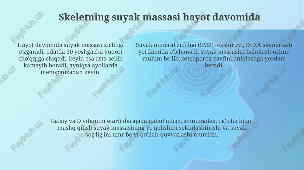 ng so'rilishi yosh bilan pasayadi, bu esa suyak mineralizatsiyasiga ta'sir qiladi va osteoporoz xavfini oshiradi, ayniqsa 50 yoshdan keyin. suyaklardagi kollagenning sintezi yoshga qarab kamayadi, natijada suyak to'qimasining elastikligi pasayadi va mo'rtlashadi, bu esa kichik travmalarda ham sinish xavfini sezilarli darajada oshiradi. artrit: ta'rifi va turlari artrit – bo‘g‘imlarning yallig‘lanishi bo‘lib, 100 dan ortiq turli xil holatlarni o‘z ichiga oladi. osteoartrit, revmatoid artrit va podagra eng keng tarqalgan 3 turi hisoblanadi. osteoartrit bo‘g‘im xaftasining asta-sekin yemirilishi natijasida kelib chiqadi, ko‘pincha 50 yoshdan oshganlarda uchraydi. bu jarayon bo‘g‘imda og‘riq va harakatlanish qobiliyatini cheklaydi. osteoartrit bo‘g‘im xaftasining asta-sekin yemirilishi natijasida kelib chiqadi, ko‘pincha 50 yoshdan oshganlarda uchraydi. bu jarayon bo‘g‘imda og‘riq va harakatlanish qobiliyatini cheklaydi. osteoartrit: sabablari va belgilari osteoartritning asosiy belgilari bo'g'imlarda og'riq, ayniqsa harakatdan keyin kuchayishi, bo'g'imlarning qattiqlashishi (odatda 30 daqiqadan kam) va harakat diapazonining cheklanishidir. osteoartrit sabablari orasida yoshga bog'liq xaftaga shikastlanishi va 50 yoshdan oshganlarda xavf ortishi, genetik …
