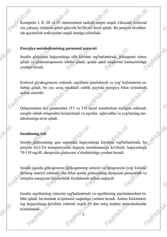 uchun qonda va siydikda o'tkaziladi, bu esa kasallikni tashxislashga yordam beradi. mushak biopsiyasi, mitoxondrial kasalliklarni tashxislashda muhim rol o'ynaydi; elektron mikroskopiya anormal mitoxondriyal tuzilmalarni aniqlaydi va maxsus bo'yoqlar defektli fermentlarni ko'rsatishi mumkin. genetik testlar mitoxondriyal dnk (mtdnk) va yadro dnksida mutatsiyalarni aniqlash uchun zarur. next-generation sequencing (ngs) texnologiyasi ko'plab genlarni bir vaqtning o'zida analiz qilish imkonini beradi. mitoxondrial kasalliklarni davolash va boshqarish mitochondrial kasalliklarni davolashda koenzim q10 (ubikinon) va l-karnitin kabi qo'shimchalar energiya ishlab chiqarishni yaxshilash va simptomlarni kamaytirish uchun ishlatiladi. jismoniy terapiya va mashqlar muntazam ravishda motor funktsiyasini yaxshilash, mushaklarning zaifligini kamaytirish va bemorlarning hayot sifatini yaxshilashga yordam beradi. dietani o'zgartirish, masalan, yuqori yog'li, past uglevodli ketogen dieta ba'zi mitochondrial kasalliklari bo'lgan bemorlarga foyda keltirishi mumkin. xulosa energiya almashinuvini tartibga solish va mitoxondrial kasalliklar murakkab jarayonlardir. ularning o'zaro ta'siri metabolik buzilishlarga va kasalliklarga olib kelishi mumkin. foydalanilgan adabiyotlar 1. energetika almashinuvini tartibga solish. mitchell, p. (1961). kimyoviy o'zmotik ulanish …