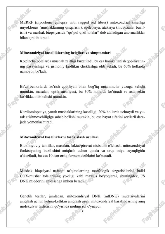 alligi bilan og'rigan bemorlar uchun maxsus dietalar muhim, masalan, yuqori yog'li, kam uglevodli ketogen dieta, bu mitoxondriyal energiya ishlab chiqarishni qo'llab-quvvatlaydi. l-karnitin, koenzim q10 va kreatin kabi qo'shimchalar mitoxondriyal funktsiyani yaxshilashga yordam beradi va bemorlarga kunlik 300-600 mg dozasida berilishi mumkin. mitoz kasalliklari bilan og'rigan bemorlar uchun fizioterapiya muhim, ayniqsa charchoq va mushak kuchsizligini kamaytirish uchun, haftasiga 2-3 marta 45 daqiqa davomida mashq qilish tavsiya etiladi. kelajakdagi tadqiqotlar va davolash istiqbollari gen terapiyasi mitoxondriyal dnk mutatsiyalarini erta bosqichda to'g'rilashga va 70% gacha sog'lom mitoxondriyalar sonini tiklashga qaratilgan. farmakologik yondashuvlar mitoxondriyal funktsiyasini yaxshilash uchun yangi molekulalarni sinovdan o'tkazishni o'z ichiga oladi, masalan, idecs 15-20% energiya ishlab chiqarishni oshiradi. mitoxondriyal o'rnini bosuvchi terapiya (mrt) ivf jarayonida foydalanilib, 99% gacha kasallikning keyingi avlodlarga o'tish xavfini kamaytiradi. xulosa energiya almashinuvini tartibga solish va mitoxondrial kasalliklar murakkab bo'lib, kasallikning rivojlanishini tushunish va yangi davolash usullarini ishlab chiqish uchun tadqiqotlar zarur. foydalanilgan adabiyotlar 1. dimauro, s., …