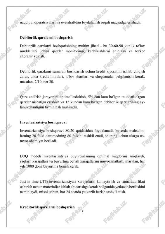 qarzlarni boshqarishda kredit shartlarini 2/10, net 30 kabi taklif qilish, 10 kun ichida to'lovni rag'batlantirib, qarz yig'ishni tezlashtiradi. xulosa va tavsiyalar aylanma mablag'larni boshqarishni takomillashtirish uchun 30-45 kunlik debitorlik qarzlari siyosatini joriy etish, bu pul oqimini tezlashtiradi va likvidlikni oshiradi. inventarizatsiya aylanmasini 20% ga oshirish uchun faol inventarizatsiya boshqaruv tizimini (masalan, jit) joriy etish, ortiqcha zaxiralarni kamaytirish orqali xarajatlarni kamaytiradi. aylanma mablag'larni moliyalashtirish uchun 90-120 kunlik qisqa muddatli kredit liniyalaridan foydalanish, bu o'z vaqtida to'lovlarni ta'minlaydi va biznesning uzluksiz ishlashiga yordam beradi. xulosa kompaniyaning aylanma kapitali yetarli, ammo samaradorlikni oshirish uchun aktivlarni boshqarish va majburiyatlarni nazorat qilish muhim. moliyaviy barqarorlikni saqlash uchun doimiy monitoring zarur. foydalanilgan adabiyotlar 1. ishchi kapitalini boshqarish. jurnal maqolalar to'plami. (working capital management. journal article collection.) 2. smit, j. m. ishchi kapitalini boshqarish: nazariya va amaliyot. nyu-york: mcgraw-hill, 2020. (smith, j.m. working capital management: theory and practice. new york: mcgraw-hill, 2020.) 3 2