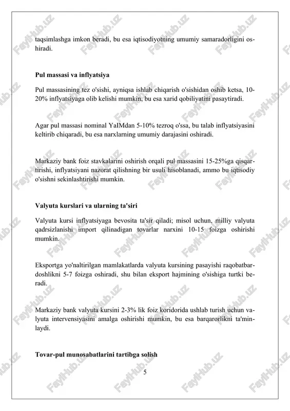 rta asrlarda ipak yo'li orqali xalqaro savdoning rivojlanishi tovar-pul munosabatlarida muhim rol o'ynadi, samarqand va buxoro kabi shaharlar yirik savdo markazlariga aylandi. mustaqillikdan so'ng, 1990-yillarda bozor iqtisodiyotiga o'tish davrida xususiylashtirish va yangi valyuta (so'm) joriy etilishi tovar-pul munosabatlarining rivojlanishiga katta ta'sir ko'rsatdi. xulosa tovar-pul munosabatlari iqtisodiy taraqqiyotning muhim bosqichidir, bozor mexanizmlari orqali resurslarni taqsimlash va almashinuvni osonlashtiradi. foydalanilgan adabiyotlar 1. marx, k. (1867). kapital. 2. simmel, g. (1900). pul falsafasi. 3. polanyi, k. (1944). buyuk transformatsiya. 4. graeber, d. (2011). qarz: tsivilizatsiyaning birinchi 5000 yili. 5. zelizer, v. a. (1994). pulning ma'nosi: ijtimoiy, madaniy va biografik kontekstlar. 6 2