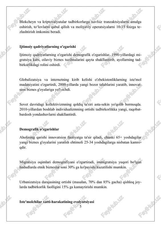 mintaqaviy tadbirkorlik uchun madaniy tendentsiyalarni tushunish muhim. bu swot tahlili orqali 95 foiz holatda raqobatbardosh ustunlik yaratadi va samarali strategik qarorlar qabul qilishni ta'minlaydi. kelajakdagi tadqiqotlar uchun xulosalar demografik o'zgarishlar, texnologik yutuqlar va global madaniy integratsiyaning mahalliy biznesga 10 yillik ta'sirini baholashga qaratilishi mumkin. xulosa madaniy o'zgarishlar tadbirkorlikka ta'siri sezilarli bo'lib, imkoniyatlarni yaratadi va biznesning innovatsion moslashuvchanligini talab qiladi. foydalanilgan adabiyotlar 1. inglehart, r. (1997). modernization and postmodernization: cultural, economic, and political change in 65 societies. ann arbor: university of michigan press. 2. hofstede, g. (2001). culture's consequences: comparing values, behaviors, institutions and organizations across nations (2nd ed.) 2