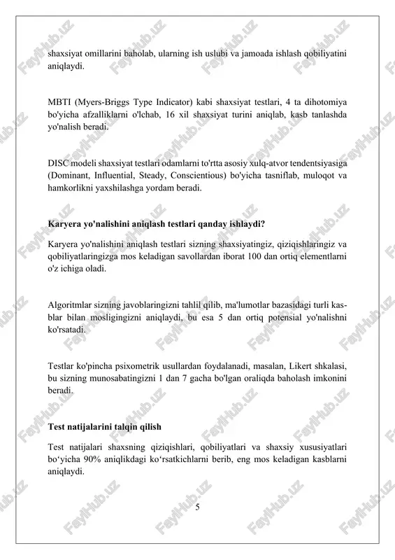 lari va qobiliyatlariga mos kasblarni topishga yordam berib, ongli qaror qabul qilishga ko'maklashadi. foydalanilgan adabiyotlar 1. holland, j. l. (1997). making vocational choices: a theory of vocational personalities and work environments. psychological assessment resources. 2. super, d. e. (1957). the psychology of careers. harper row. 3. savickas, m. l. (2002) 2