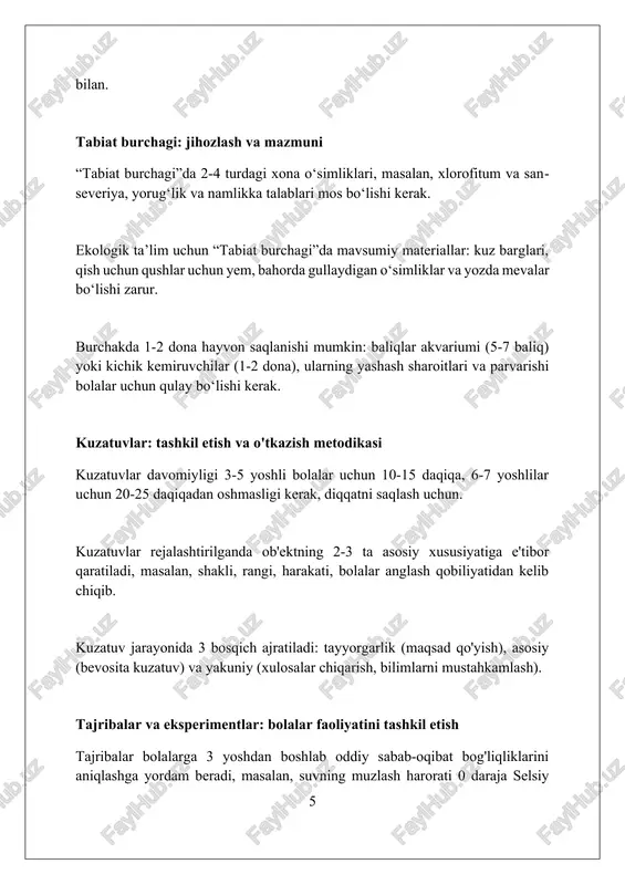 tirish maqsadga muvofiqdir. bolalar bog'chalarida ekologik ta'lim berishning samaradorligini oshirish uchun har yili kamida 2 ta ekologik loyiha va 4 ta ochiq dars tashkil etish kerak. xulosa maktabgacha ta'lim muassasalarida tabiatni o'rganishni tashkil etish bolalarning atrof-muhitga bo'lgan qiziqishini oshiradi va ekologik ongini shakllantirishga yordam beradi. foydalanilgan adabiyotlar 1. makarenko, a. s. (1988). ma'ruzalar bolalar tarbiyasi haqida. toshkent: o'qituvchi. 2. vygotskiy, l. s. (1982). aqliy rivojlanishda o'qish va o'yinning roli. toshkent: o'qituvchi. 3. zokirov, q. z. (2010). maktabgacha ta'lim pedagogikasi. toshkent: tdpu. 4. g'afforov, y. g'. (2015) 2