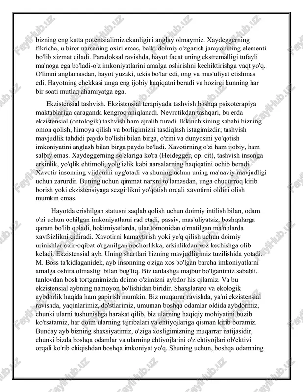 qo'yamiz, vijdonimiz yoki qadriyatlarimizga bo'ysunamiz, bu ularning cheklovlarini belgilaydi. shunday qilib, erkinlik haqida gapirish mumkin, chunki biz imkonsiz, zarur va mumkin bo'lgan narsalarni anglaymiz va tan olamiz (van deurzen-smit, 1988). inson tabiati moslashuvchan va cheklovchi holatlar mavjudligidan farqli o'laroq, inson hali ham turli xil hayotiy vaziyatlarda o'z harakatlarining usullarini tanlash uchun etarli darajada erkinlikka ega emas. erkinlik, aslida, alternativalar o'rtasida doimiy tanlovni anglatadi va bundan tashqari, erkin tanlov yangi alternativalarni shakllantirishni talab qiladi. ushbu g'oya psixoterapiyada ayniqsa muhimdir, chunki bu mijozlarga ular ilgari o'ylagandan ko'ra ancha erkinroq ekanliklarini ko'rishga imkon beradi, ammo har doim erkinlik uchun to'lanadigan narx – zarur harakatlar, xavf, tashvish haqida eslash kerak. ushbu narxni to'lashni istamaslik odamlarni shunchaki erkin qilmaydi, garchi bir qarashda bu xulosa paradoksal ko'rinishi mumkin. erkinlik javobgarlikdan ajralmasdir. sizning hayotingiz uchun javobgarlikni qabul qilish, ushbu tanlov bilan birga keladigan xavfdan qat'i nazar, kelajakni tanlashni anglatadi. "g'alaba qozonish imkoniyatini qo'lga kiritish uchun nimani yo'qotish …