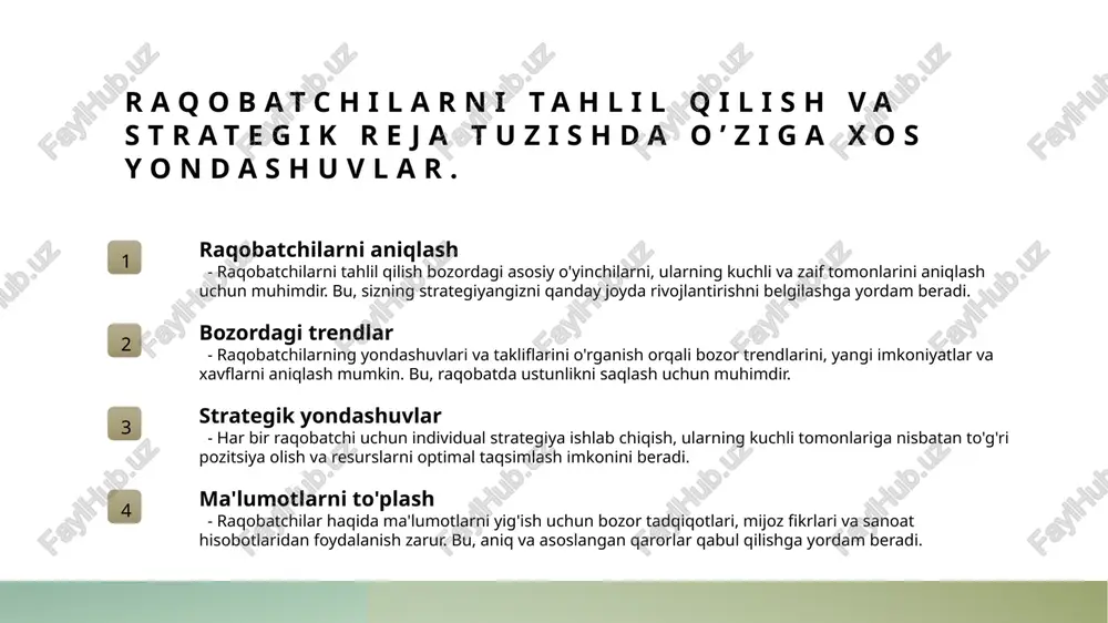 til imkoniyatlarini inobatga olgan marketing kommunikatsiya usullari ishlab chiqilishi muhimdir. 2 raqamli platformalar va ijtimoiy tarmoqlar internet va ijtimoiy tarmoqlar orqali yosh va keng auditoriyaga tez va mos tarzda yetib borish, interaktiv va shaxsiylashtirilgan axborot uzatish imkonini beradi. 3 madaniyatga mos usullar mahalliy an’analarga mos keladigan, milliy qadriyatlar va urf-odatlarni hisobga olgan reklama va targ‘ibot usullari, ishonch va hamkorlikni mustahkamlashga yordam beradi. mahalliy bozorning xususiyatlarini hisobga olgan holda mahsulotni sozlash 1 mahalliy ehtiyojlar mahalliy bozorning xususiyatlarini hisobga olgan holda mahsulotni sozlashda, iste’molchilarning ehtiyojlari va talablarini chuqur tushunish muhim. bu, mahsulotni ularning kundalik hayotiga moslashtirishga yordam beradi. 2 madaniyat va urf-odatlar mahalliy madaniyat va urf-odatlarni hisobga olgan holda, mahsulot dizayni va taqdimot usullarini moslashtirish, xaridorlar bilan mustahkam aloqalar o’rnatishga yordam beradi. 3 raqobat muhitiga moslash bozordagi raqobatchilarni va ularning mahsulotlarini tahlil qilib, o’z mahsulotimizni ajratib turadigan xususiyatlarni aniqlash, muvaffaqiyatli strategiya uchun muhimdir. sotuvlarni oshirish uchun marketing strategiyasining asosiy elementlari va ularning …