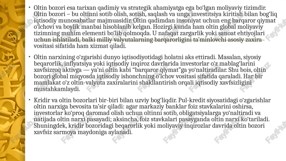 hda muhim rol o‘ynaydi. oltin, boshqa aktivlarga nisbatan, uzoq muddatli qiymatini deyarli yo‘qotmaydi, shu bois u ishonchli investitsiya vositasi sifatida e’tirof etiladi. bundan tashqari, oltin bozori xalqaro savdo va moliyaviy operatsiyalarni amalga oshirishda ham muhim ahamiyatga ega. u global moliyaviy tizimning likvidlik darajasiga ta’sir ko‘rsatadi va investorlarga o‘z kapitalini xavfsiz yo‘naltirish imkonini beradi. oltin narxiga ta’sir etuvchi omillar ko‘p va ular o‘zaro bog‘liq holda harakat qiladi. eng asosiy omillardan biri — dunyo iqtisodiy holatidir. agar global iqtisodiyot barqaror bo‘lsa, investorlar ko‘proq riskli aktivlarga (aksiyalar, obligatsiyalar) sarmoya kiritadi va bu holda oltin narxi biroz pasayadi. ammo iqtisodiy inqiroz, siyosiy beqarorlik yoki urushlar davrida investorlar xavfsizroq sarmoya izlaydi va oltin narxi keskin oshadi. ikkinchi muhim omil — aqsh dollari kursidir. oltin narxi asosan dollarda ifodalanadi, shuning uchun dollar qadrsizlanganda oltin narxi ko‘tariladi, aksincha, dollar mustahkamlanganda oltin arzonlashadi. shuningdek, inflyatsiya darajasi ham oltin narxiga sezilarli ta’sir qiladi. inflyatsiya oshgan davrda oltin “qimmatlashadi”, chunki …