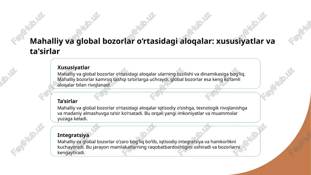 liy ishlab chiqaruvchilar, global tendensiyalarga moslashib, innovatsiyalarni joriy etish orqali raqobatbardoshligini oshiradi. bu, o’z navbatida, bozor ulushini kengaytirishga yordam beradi. mahalliy bozorda global tendensiyalarning iqtisodiy va madaniy ta’siri global tendensiyalar ta’siri madaniy o‘zgarishlar iqtisodiy ta’sirlar mahalliy bozorlar global tendensiyalarga moslashib, yangi mahsulotlar va xizmatlar bilan to‘ldirilmoqda, bu esa iqtisodiy o‘sishni rag‘batlantiradi. global tendensiyalar mahalliy madaniyat va iste’mol odatlarini shakllantiradi, yangi madaniy qiziqishlar va xarid qilish odatlari yuzaga keladi. jahon iqtisodiyoti va savdo aloqalari mahalliy ishlab chiqarish va narxlarni o‘zgartiradi, raqobat kuchayib, yangi imkoniyatlar paydo bo‘lmoqda. iste’molchilarning xulq-atvorining iqtisodiy va madaniy omillarga ta’siri 01 iqtisodiy omillar iste’molchilarning xarid qilish qarorlariga daromad darajasi, ish joyi va iqtisodiy barqarorlik katta ta’sir ko‘rsatadi. bu omillar ularning iste’mol odatlarini shakllantiradi. 02 madaniy ta’sirlar madaniyat, an’analari va diniy e’tiqodlar iste’molchilarning mahsulot tanlovi va xarid qilish odatlarini belgilaydi, ular bozor tendentsiyalariga ta’sir qiladi. 03 shaxsiy motivatsiyalar shaxsiy ehtiyojlar, maqsadlar va psixologik omillar iste’molchilarning qaror qabul qilish jarayonida …