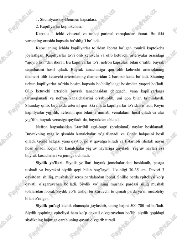 ichda birlamchi siydikning tarkibidagi organizm uchun zarur bo’lgan moddalar qaytadan qonga so’riladi. 7-jadval. birlamchi va ikkilamchi siydikning tarkibi (%). modda nomi plazma birlamchi siydik ikkilamchi siydik nisbati mochevina 0,03 0,03 2,0 65 marta ko’p siydik kislota 0,004 0,004 0,05 12 marta ko’p glyukoza 0,01-0,15 0,11-0,15 - - kaliy 0,2 0,02 0,15 7 marta ko’p natriy 0,32 0,32 0,35 taxminan shuncha filtratsiya jarayoni kapillyarlardagi va kapsula bo’shlig’idagi bosimning farqiga ko’ra amalga oshadi. shuning uchun bu jarayonda energiya sarf bo’lmaydi. lekin ikkinchi bosqichda, kanal devori hujayralari moddalarni qayta qonga so’rishi uchun energiya sarf bo’ladi. kanalchalarning hujayralari birlamchi siydik tarkibidan zarur moddalarni so’rib olish bilan birga qondan ba’zi chiqindi mahsulotlarni ikkilamchi siydikka ekskretsiya qilishi mumkin. bundan tashqari yig’uv naylarining devorining hujayralari siydikning tarkibiga h+ ionlarini sekretsiya qilib, siydikning kislotali muhitini ta’minlaydi. buyraklar funksiyasining boshqarilishi. buyraklarda siydik hosil bo’lishi nerv va gumoral yo’l bilan boshqariladi. simpatik nerv sistemasi buyrak qon tomirlarini toraytirib, siydik ajralishini …