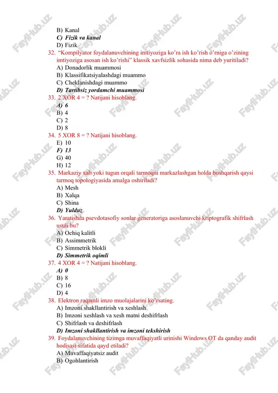 to’g’risidagi ma’lumot foydalanuvchi electron pochtalariga yuboriladi. gap qaysi ijtimoiy injeneriya turi haqida bormoqda? a) phishing b) spoofing c) protexting d) barcha javoblar to’g’ri 41. ma’lumotni zaxira nusxalash nima uchun potensial tahdidlarni paydo bo’lish ehtimolini oshiradi? a) tahdidchi uchun nishon ko’payadi b) ma’lumot yo’qolgan taqdirda ham tiklash imkoniyati mavjud bo’ladi c) saqlanuvchi ma’lumot hajmi ortadi d) ma’lumotni butunligi ta’minlanadi 42. manbaga zarar keltiradigan ichki va tashqi zaiflik ta’sirida tahdid qilish ehtimoli bu? a) hujum b) zaiflik c) risk d) tahdid 43. rsa algoritmida ochiq kalit e=5, n=35 ga teng bo’lsa, m=3 ga teng ochiq matnni shifrlash natijasini ko’rsating. a) 35 b) 7 c) 5 d) 33 44. raid 3 texnologiyasing vazifasi – a) diskni navbatlanishi va xatolikni nazoratlash b) bloklarni navbatlash va akslantirish c) diskni navbatlanishi d) diskni akslantirish 45. rsa algoritmida p=3, q=11 bo’lsa, n sonidan kichik va u bilan o’zaro tub bo’lgan sonlar miqdorini ko’rsating. a) 14 b) 33 …