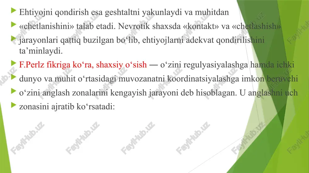 ganlik o‘z hissiyotlarini ifodalash va boshdan kechirish qobiliyatiga ega autentik shaxs shakllanganligidan dalolat beradi. demak, geshtaltkorreksiya ― bu shaxsni ozod va mustaqil etishga yo‘naltirilgan yondashuvlardir. psixolog pozitsiyasi - geshtaltkorreksiyada psixolog mijozning bir butun geshtalt shaxsiga integratsiyalangan katalizator, yordamchi, hamkor sifatida ko‘rib chiqiladi. psixolog mijozning shaxsiy hissiyotlariga bevosita aralashuvni oldini olishga hamda mazkur his-tuyg‘ularni ifodalashni osonlashxirishga urinadi. mijoz bilan o‘zaro ta’sirining asosiy maqsadi — mijoz shaxsiy o‘sishini ta’minlashga olib keluvchi ichki shaxsiy rezervlarni faollashtirish. mijozga qo‘yiladigan talablar va kutiladigan natijalar. geshtaltkorreksiyada mijozga o‘z xulq-atvori va hayoti sxemasini anglash asosida pozitsiya(holat)lari interpretatsiyalash huquqini o‘z ichiga oluvchi faol rol beriladi. mijoz ratsionalizatsiyalashdan kechinmalarni boshdan kechirishga o‘tishi kutiladi. mazkur jarayonda mijozning o‘z hissiyotlarni verbaliatsiyasidan ko‘ra, uni mazkur jarayonga, aktual boshdan kechirishga tayyorligi muhim ahamiyat kasb etadi. usullar geshtaltkorreksiyada psixousullarga katta etibor qaratiladi. ular o‘yin va eksperimentlar deb nomlanib, geshtaltkorreksiyaning keng tarqalishida o‘yinlar katta ahamiyatga ega. 1. eksperimental (dissotsiatsiyalangan) dialog - shaxs fragmentlari o‘rtasidagi dialogdir. …