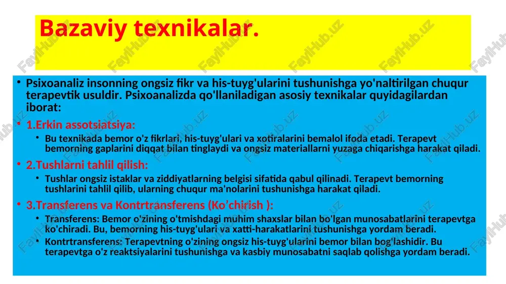 ar o‘z his-tuyg‘ularini boshqalar bilan baham ko‘rish orqali ong osti mazmunini ochib berish. jarayon: bir guruh bemor birgalikda aylana shaklida o‘tirib, har bir ishtirokchi o‘ziga kelgan birinchi fikr yoki hisni aytadi. har bir a’zo bir-biriga bog‘liq holda o‘z assotsiatsiyasini aytadi. bu jarayon individual va jamoaviy tahlil qilinadi, bu orqali ishtirokchilar bir-birlarining fikrlarini anglashadi va o‘z ongsiz his-tuyg‘ularini anglash imkonini beradi. 6. tush ko‘rish va erkin assotsiatsiya maqsad: tush orqali paydo bo‘lgan fikrlarni assotsiatsiya qilish. jarayon: bemor o‘zining yaqinda ko‘rgan tushini eslaydi va uni terapevt bilan birga tahlil qiladi. tushdagi asosiy obraz va voqealar bo‘yicha erkin assotsiatsiya olib boriladi. bu usul bemorning tushida ifodalangan ongsiz istak va qo‘rquvlarni tushunishga yordam beradi. har bir trening sessiyasi individual ehtiyojlarga qarab o‘zgartirilishi mumkin, va terapevt mashqlar davomida bemorga yo‘l-yo‘riq ko‘rsatib turadi. tushlarni tahlil qilish texnikasi bo‘yicha treninglar bemorlarning tushlari orqali ongsiz istak va qo‘rquvlarni ochib berishga yordam beradi. quyida ushbu texnika bo‘yicha trening mashqlari …