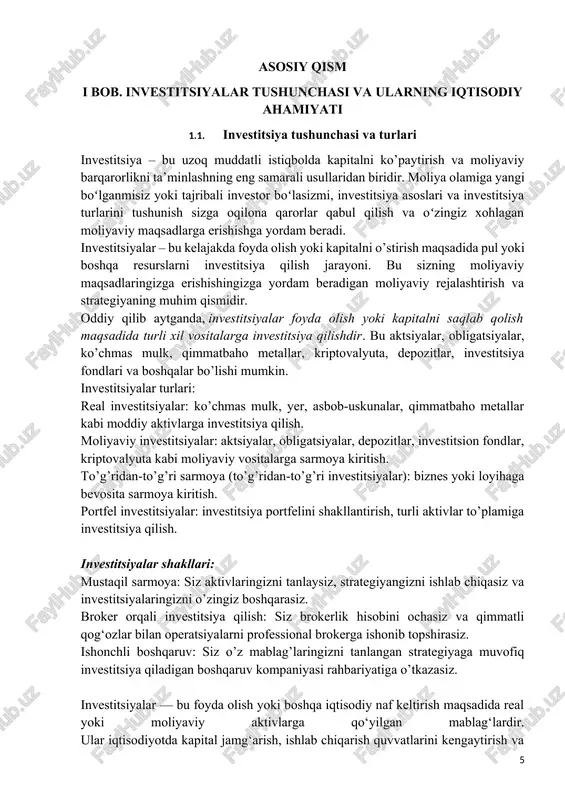 bligatsiyalar, ko’chmas mulk, qimmatbaho metallar, kriptovalyuta, depozitlar, investitsiya fondlari va boshqalar bo’lishi mumkin. investitsiyalar turlari: real investitsiyalar: ko’chmas mulk, yer, asbob-uskunalar, qimmatbaho metallar kabi moddiy aktivlarga investitsiya qilish. moliyaviy investitsiyalar: aktsiyalar, obligatsiyalar, depozitlar, investitsion fondlar, kriptovalyuta kabi moliyaviy vositalarga sarmoya kiritish. to’g’ridan-to’g’ri sarmoya (to’g’ridan-to’g’ri investitsiyalar): biznes yoki loyihaga bevosita sarmoya kiritish. portfel investitsiyalar: investitsiya portfelini shakllantirish, turli aktivlar to’plamiga investitsiya qilish. investitsiyalar shakllari: mustaqil sarmoya: siz aktivlaringizni tanlaysiz, strategiyangizni ishlab chiqasiz va investitsiyalaringizni o’zingiz boshqarasiz. broker orqali investitsiya qilish: siz brokerlik hisobini ochasiz va qimmatli qog‘ozlar bilan operatsiyalarni professional brokerga ishonib topshirasiz. ishonchli boshqaruv: siz o’z mablag’laringizni tanlangan strategiyaga muvofiq investitsiya qiladigan boshqaruv kompaniyasi rahbariyatiga o’tkazasiz. investitsiyalar — bu foyda olish yoki boshqa iqtisodiy naf keltirish maqsadida real yoki moliyaviy aktivlarga qo‘yilgan mablag‘lardir. ular iqtisodiyotda kapital jamg‘arish, ishlab chiqarish quvvatlarini kengaytirish va raqobatbardoshlikni oshirishning muhim omilidir. aksiyalar, obligatsiyalar, ko'chmas mulk, investitsiya fondlari, oltin va qimmatbaho metallar, valyutalar (forex) investitsiyaning eng …