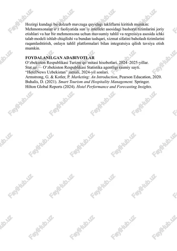ida mamlakatdagi mehmonxonalar soni 30 foizga ortgan, xorijiy sayyohlar oqimi esa pandemiyadan keyingi davrda 2,5 baravar ko’paygan. shu bilan birga, ichki turizm segmentida ham sezilarli jonlanish kuzatilmoqda — 2024-yilda 12 milliondan ortiq fuqarolar ichki sayohat qilgan. tahlillar shuni ko’rsatadiki, mehmonxona xizmatlariga bo’lgan talabning o’sishida quyidagi omillar hal qiluvchi rol o’ynamoqda: · mavsumiylik: yoz va bahor oylarida bandlik 80–90% darajada bo’lib, qishda 40–50% gacha pasayadi. · narx siyosati: dinamik narxlash tizimi (dynamic pricing) joriy etilgan mehmonxonalarda daromad o’rtacha 10–15% yuqori. · raqamli marketing: booking.com, expedia va telegram-kanallar orqali reklama qilgan mehmonxonalar bronlash darajasini 20% ga oshirgan. · xizmat sifati: onlayn sharhlar (review)da 8 balldan yuqori reytingga ega mehmonxonalar o’rtacha 1,7 baravar ko‘p buyurtma olgan. talab bashoratlash bo‘yicha o‘tkazilgan amaliy tahlil natijalariga ko’ra, o’tgan 3 yilning ma’lumotlariga asoslangan mavsumiy tahlil modeli 85% aniqlik bilan bandlik darajasini prognoz qilgan. korrelatsion-regression usul yordamida esa talab bilan quyidagi o‘zgaruvchilar orasida kuchli bog‘liqlik aniqlangan: · narx …