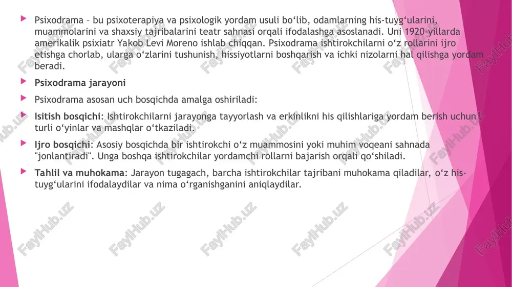 shga yordam beradi. va tajribalar. “bosh stul” - ushbu uslubda bosh qahramon xayoliy kimdir yoki biror narsa bilan monolog yoki rolni almashtirish shaklida gaplashadi. qahramon doimo rol va o'rinlarni kimdir yoki biror narsa yo'qligi bilan almashtiradi. ushbu "ikki relsli monolog" harakatni davom ettiradi gestalt. "yaxlit tasvir", 1940-50 yillarda. frederik perls va pol gudman tomonidan ishlab chiqilgan kontseptsiya psixoanalizning o'ziga xos tanqidi sifatida chiqdi va keyinchalik o'sha davrning ko'plab g'oyalarini (ekzistensial nazariya, psixodrama) bir butunga birlashtirdi. asosiy vazifa o'z his-tuyg'ulari va ehtiyojlarini qabul qilish va anglash orqali "bu erda va hozir" da inson ongini topishdir. bu mohiyatan tinchlik va osoyishtalikdir. o'z navbatida, insonning yaxlit qiyofaga keltirilmagan harakatlari, xuddi shardagi qum yuki kabi, o'sha to'xtab qolgan joylarda ongni saqlab, ulkan taranglikni keltirib chiqaradi va ularning balandlikka ko'tarilishiga va erkin parvozga erishishiga to'sqinlik qiladi. gestalt terapiya texnikasi "bo'sh stul" buni "bo'sh stul" texnikasi bizga aytib berishi mumkin. bemor stulga o'tiradi va shunga o'xshashi …