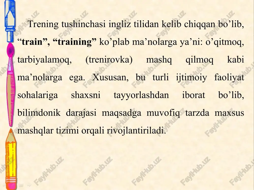 iligini olish kerak. bu qoidalarga rioya etish treningning maqsadiga erishish va qulay psixologik iqlimning yaratilishida katta ahamiyatga ega hisoblanadi. treningning asosiy qonunlari: 1. “00” qonuni. barcha ishtirokchilar mashg’ulot boshlanishiga va tanaffusdan keyin kechikmay kelishlari, bunda trener ularga namuna bo’lishi kerak. trening boshlovchisi faqatgina treningni boshqarmasdan guruh bilan birgalikda tahlil qiladi va o’zini tutishi va muloqoti bilan qatnashchilarga namuna bo’ladi. 2. “mikrofon” qonuni. kimning qo’lida mikrofon bo’lsa o’sha odam gapiradi. mikrofon sifatida mashq o’tkazish vaqtida aylana bo’yicha har bir ishtirokchiga uzatiladigan biror bir yumshoq o’yinchoqdan, oddiy marker yoki ruchkadan foydalanish mumkin. 3. “faollik” qonuni. siz biror bir mashqni bajarishda ishtirok etmasligingiz mumkin. bu siz vazifani bajara olmaysiz degani emas, balki siz chetdan turib kuzatmoqchisiz. bu haqida avvaldan ma’lum qilish kerak bo’ladi. lekin guruhdan bir kishining chiqib ketishi shu guruhning ishiga ta’sir qilishini ham e’tiborga olish kerak bo’ladi. 4. “guruhning barcha qatnashchilariga xayrixoh munosabatda, xushmuomala bo’lish” qonuni. ushbu qonun quyidagicha talqin qilinadi: …