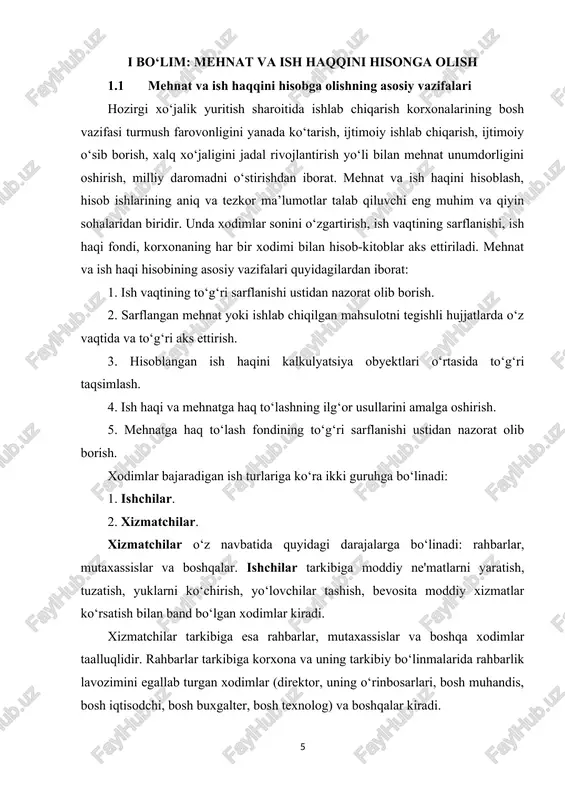 oli maqsadlari uchun foydalaniladigan qismidir. o‘zbekiston respublikasida fuqarolarning mehnat qilish huquqi o‘zbekiston respublikasi konstitutsiyasi bilan mustahkamlangan. unga ko‘ra, har bir shaxs mehnat qilish, erkin kasb tanlash, adolatli mehnat sharoitlarida ishlash va qonunda ko‘rsatilgan tartibda ishsizlikdan himoyalanish huquqiga egadir. mehnat haqining miqdorini belgilash ish beruvchi bilan xodim o‘rtasidagi kelishuvga binoan belgilanadi. mehnat haqi qonun hujjatlari bilan belgilangan eng kam miqdordan oz bo‘lishi mumkin emas va uning eng ko‘p miqdori biron-bir tarzda cheklanmaydi. mehnat va ish haqi hisobi, hisob ishlarining aniq va operativ ma’lumotlar talab qiluvchi eng muhim hamda qiyin sohalaridan biridir. unda xodimlar sonining o‘zgarish ish vaqtining sarflanishi, mehnatga haq to‘lash fondi, to‘lov turlari va xodimlar toifa bo‘yicha hamda mehnatga haq to‘lash fondidan tashqari amalga oshiriladigan boshqa to‘lovlar korxonaning har bir xodimi bilan hisob-kitoblar aks ettiriladi. shu munosabat bilan korxonaning buxgalteriya xizmati oldida mehnat me’yori va unga haq to‘lashni hisobga olish, nazorat qilish vazifalari ham belgilanadiki, bu esa: • ishbay ishlovchilar …