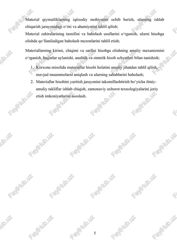 iallar” / k 6010 “yetkazib beruvchilar bilan hisob-kitoblar” · ishlab chiqarishga material berildi: · d 2010 “asosiy ishlab chiqarish” / k 2510 “materiallar” bu yozuvlar materiallarning harakatini to‘liq aks ettiradi. shuningdek, materiallar harakati bo‘yicha omborchi miqdor-summa hisobini yuritadi, buxgalter esa qiymat jihatdan nazorat qiladi. iqtisodiy tahlil nuqtayi nazaridan, materiallarning aylanish tezligi, zaxira me’yori va sarf me’yori korxonaning ishlab chiqarish samaradorligini belgilovchi asosiy ko‘rsatkichlardir. masalan, agar korxona material zaxiralarini me’yordan ortiqcha saqlasa, mablag‘lar muzlab qoladi; kam saqlasa – ishlab chiqarish to‘xtab qoladi. shu sababli materiallar hisobining aniq yuritilishi moliyaviy intizomni ta’minlashning muhim omili hisoblanadi. 1.2. material qiymatliklarning baholanishi va hisobga olish tamoyillari materiallarni buxgalteriya hisobida to‘g‘ri aks ettirish uchun ularning bahosini aniq aniqlash juda muhim. baholash — bu materiallarning qiymatini hisoblash, ya’ni ularni moliyaviy ifodada ko‘rsatish jarayoni. bhms–4 talablariga muvofiq, materiallar quyidagi baholar asosida hisobga olinadi: 1. sotib olish (xarid) qiymati bo‘yicha — yetkazib beruvchidan olingan narx, transport, bojxona, yuklash-tushirish xarajatlari …