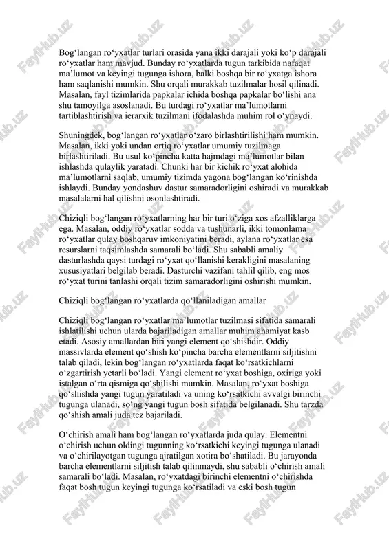 uchun oldingi tugunning ko‘rsatkichi keyingi tugunga ulanadi va o‘chirilayotgan tugunga ajratilgan xotira bo‘shatiladi. bu jarayonda barcha elementlarni siljitish talab qilinmaydi, shu sababli o‘chirish amali samarali bo‘ladi. masalan, ro‘yxatdagi birinchi elementni o‘chirishda faqat bosh tugun keyingi tugunga ko‘rsatiladi va eski bosh tugun xotiradan chiqariladi. shu tarzda ro‘yxatda tezkor o‘chirish imkoniyati mavjud bo‘ladi. izlash amali bog‘langan ro‘yxatlarda ketma-ket bajariladi. dastlab ro‘yxat boshidan boshlab elementlar birma-bir tekshiriladi. izlanayotgan qiymat topilsa, tegishli tugun ko‘rsatiladi, aks holda ro‘yxat oxirigacha yuriladi. bu usul massivlarga qaraganda sekinroq ishlashi mumkin, chunki elementlar indeks orqali emas, balki ketma-ket tekshiriladi. shunga qaramay, agar ro‘yxat nisbatan kichik bo‘lsa, izlash amali yetarli tezlikda bajariladi. izlash ko‘pincha o‘chirish va qo‘shish amallarida yordamchi sifatida qo‘llanadi. yangilash yoki tahrirlash amali ro‘yxat elementidagi ma’lumotni o‘zgartirishni bildiradi. tugun topilgandan so‘ng uning qiymati yangilanishi mumkin. masalan, talabalar ro‘yxatida biror talabani topib, uning bahosini o‘zgartirish yoki qo‘shimcha ma’lumot kiritish kerak bo‘lsa, tugun qiymati yangilanadi. bu amal ham juda sodda …