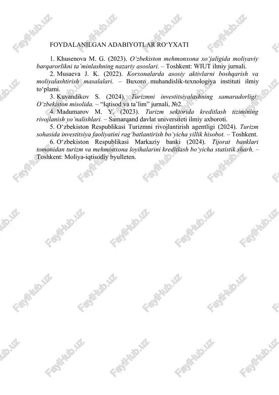 liniyalarini kengaytirish. 2. turizm obyektlarini moliyalashtirish uchun maxsus “hotel investment fund” tashkil etish. 3. tijorat banklarida mehmonxona biznesi uchun uzoq muddatli (5–10 yil) past foizli kredit mahsulotlarini joriy etish. 4. kredit risklarini kamaytirish uchun tarmoq bo‘yicha reyting tizimini ishlab chiqish. 5. xalqaro moliyaviy institutlar bilan hamkorlikda “green financing” mexanizmlarini kengaytirish — energiya tejamkor mehmonxonalarni qo‘llab-quvvatlash. umuman olganda, mehmonxonalarni moliyalashtirish va kreditlash tizimini takomillashtirish turizm sohasida barqaror o‘sishni ta’minlaydi, yangi investitsiyalarni jalb etadi va mamlakatning iqtisodiy salohiyatini oshiradi. foydalanilgan adabiyotlar ro‘yxati 1. khusenova m. g. (2023). o‘zbekiston mehmonxona xo‘jaligida moliyaviy barqarorlikni ta’minlashning nazariy asoslari. – toshkent: wiut ilmiy jurnali. 2. musaeva j. k. (2022). korxonalarda asosiy aktivlarni boshqarish va moliyalashtirish masalalari. – buxoro muhandislik-texnologiya instituti ilmiy to‘plami. 3. kuvandikov s. (2024). turizmni investitsiyalashning samaradorligi: o‘zbekiston misolida. – “iqtisod va ta’lim” jurnali, №2. 4. madumarov m. y. (2023). turizm sektorida kreditlash tizimining rivojlanish yo‘nalishlari. – samarqand davlat universiteti ilmiy axboroti. 5. o‘zbekiston …