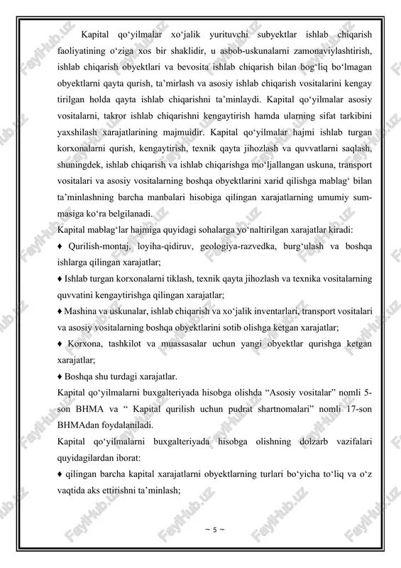 engaytirish deganda ishlab turgan korxonada qo‘shimcha ishlab chiqarishlarni qurish, shuningdek, korxona hududida va uning atrofidagi maydonchalarida asosiy, yordamchi va noishlab chiqarish ahamiyatidagi ayrim sexlar va obyektlarni qurish hamda ishlab turganlarini kengaytirish tushuniladi. tiklash deganda ishlab chiqarishni takomillashtirish va uning texnik-iqtisodiy darajasini yangi tex- nologiyalar asosida qayta qurish tushuniladi. texnik qayta jihozlash ilg‘or texnika va texnologiyani joriy etish, ishlab chiqarishni avtomatlashtirish hamda ma’naviy va jismoniy jihatdan eskirgan asosiy vositalarni zamonaviy, samarali asosiy vositalar bilan almashtirishga qaratilgan chora-tadbir lar majmui tushuniladi. quvvatlarni oshirish deganda ishlab chiqarish jarayonida ishdan chiqqan asosiy vositalarni yangilab turish hamda tiklashga oid ishlar tushuniladi. kapital qo‘yilmalarning texnologik tuzilmasi qurilish va montaj ishlari bilan bog‘liq hamda asosiy vositalar obyektlarini sotib olishga, shuning­ dek, boshqa kapital ishlar va xizmatlar uchun qilingan xarajatlar tarkibi va nisbatini anglatadi. qurilish shplariga asosiy vositalar obyektlarini barpo etish, qurilgan binolar va inshootlarni yoki ularning ayrim qismlarini kengaytirish hamda tiklash va boshqa ishlar kiradi. montaj ishlari …
